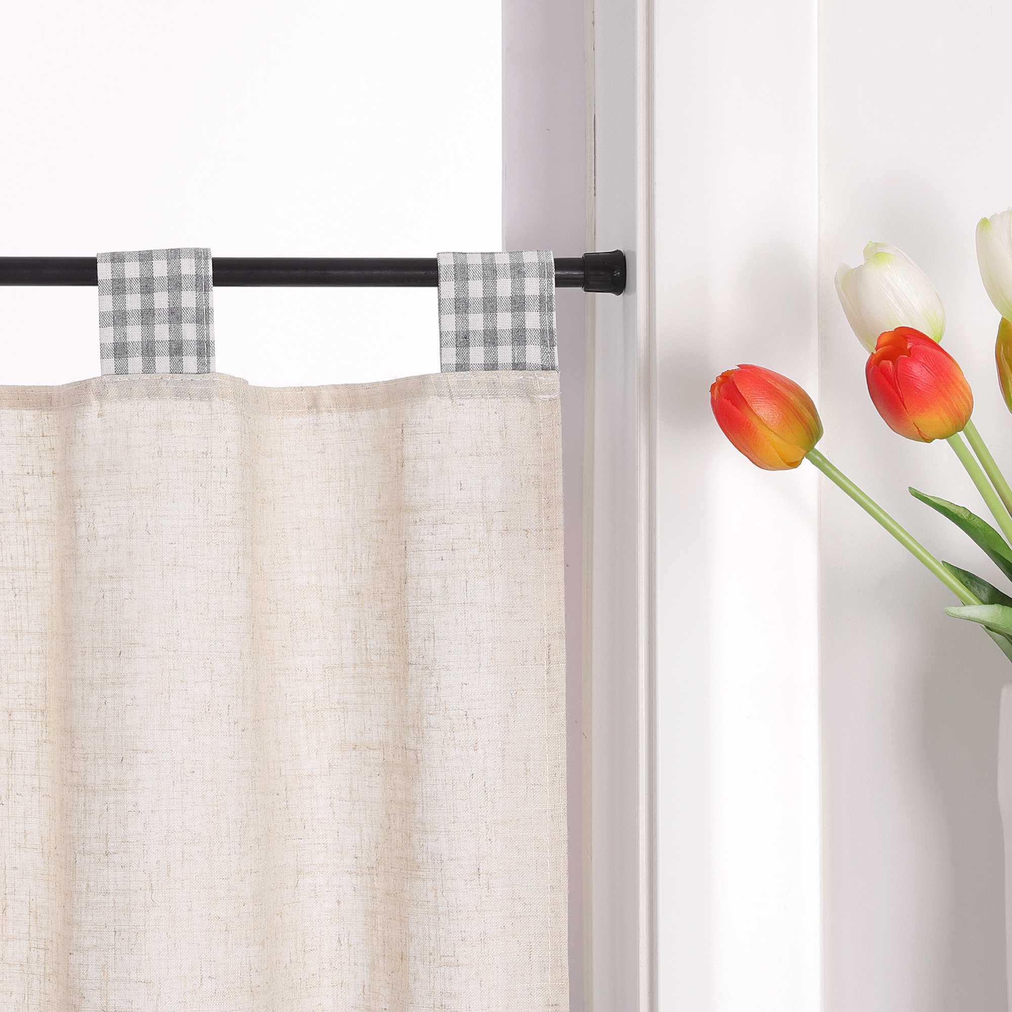Cafe Curtain with Tab-Top Hanging/ Checked in Linen-Look Fabric - Gray, H x W 60 x 90cm