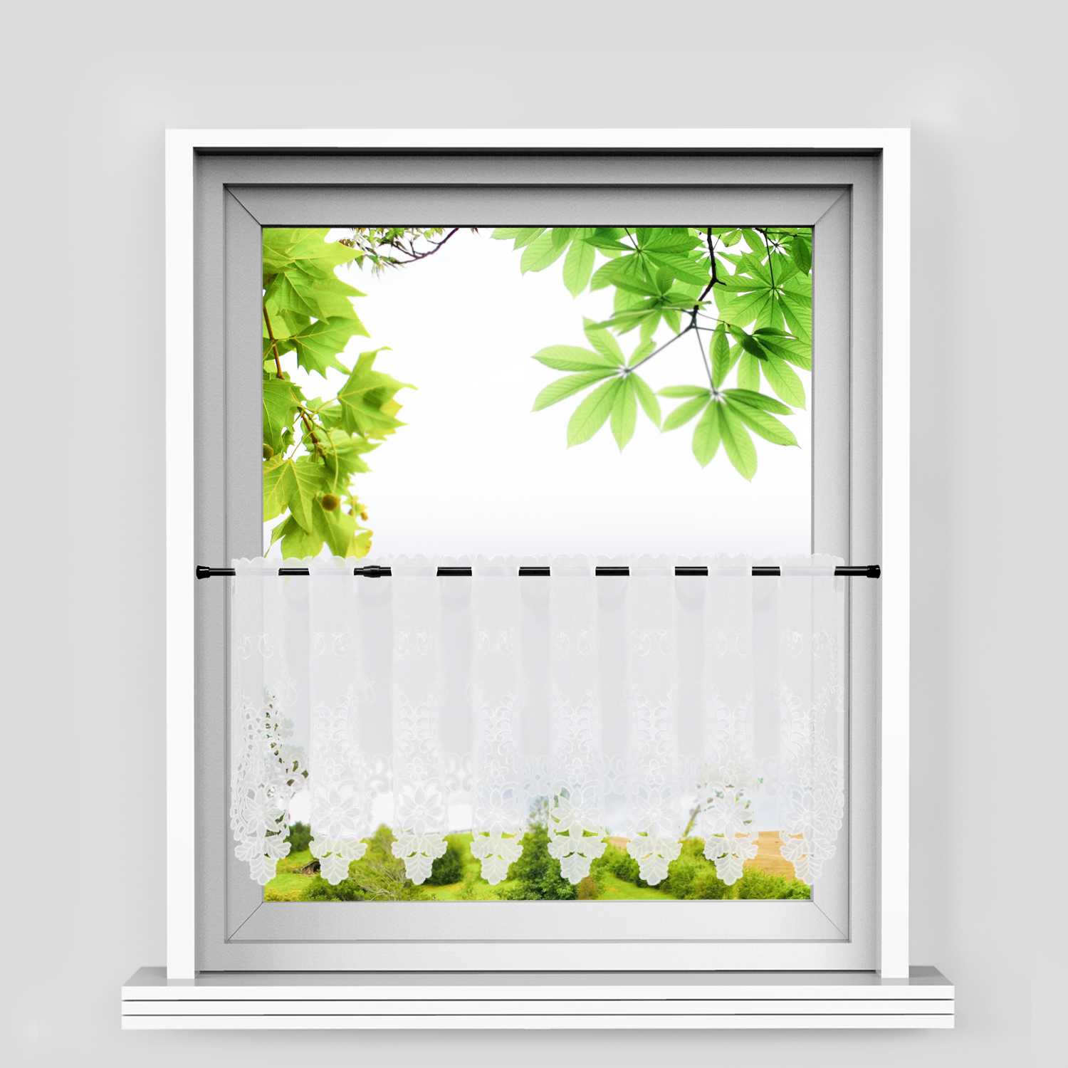 Cafe Curtain with Rod Pocket Short with Floral Pattern - White, W x H 150 x 30cm