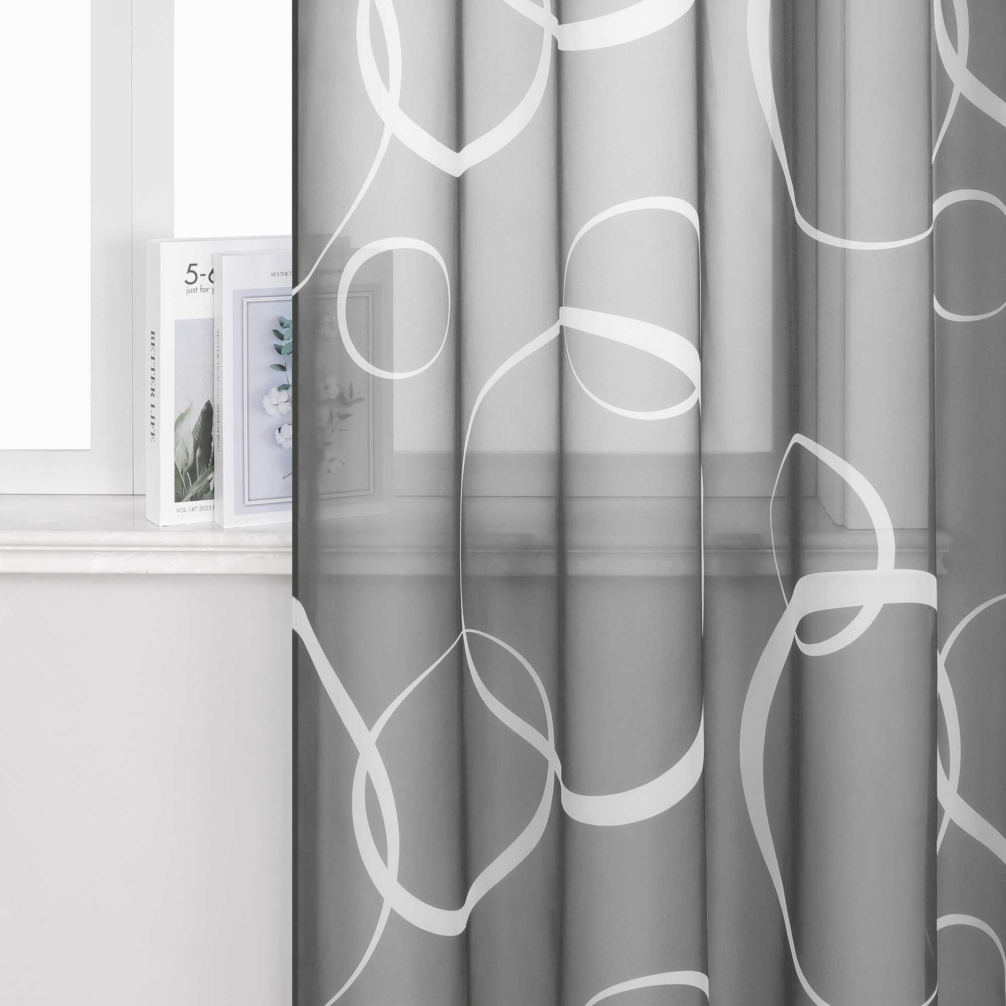 Curtain with White Circle Pattern & Drawstring (1 Piece) - Gray, W x H 140 x 225cm