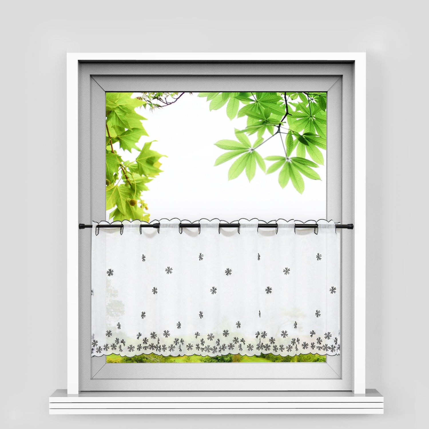 Cafe Curtain with Floral Pattern Embroidery in Country Style - Green, H x W 30 x 90cm