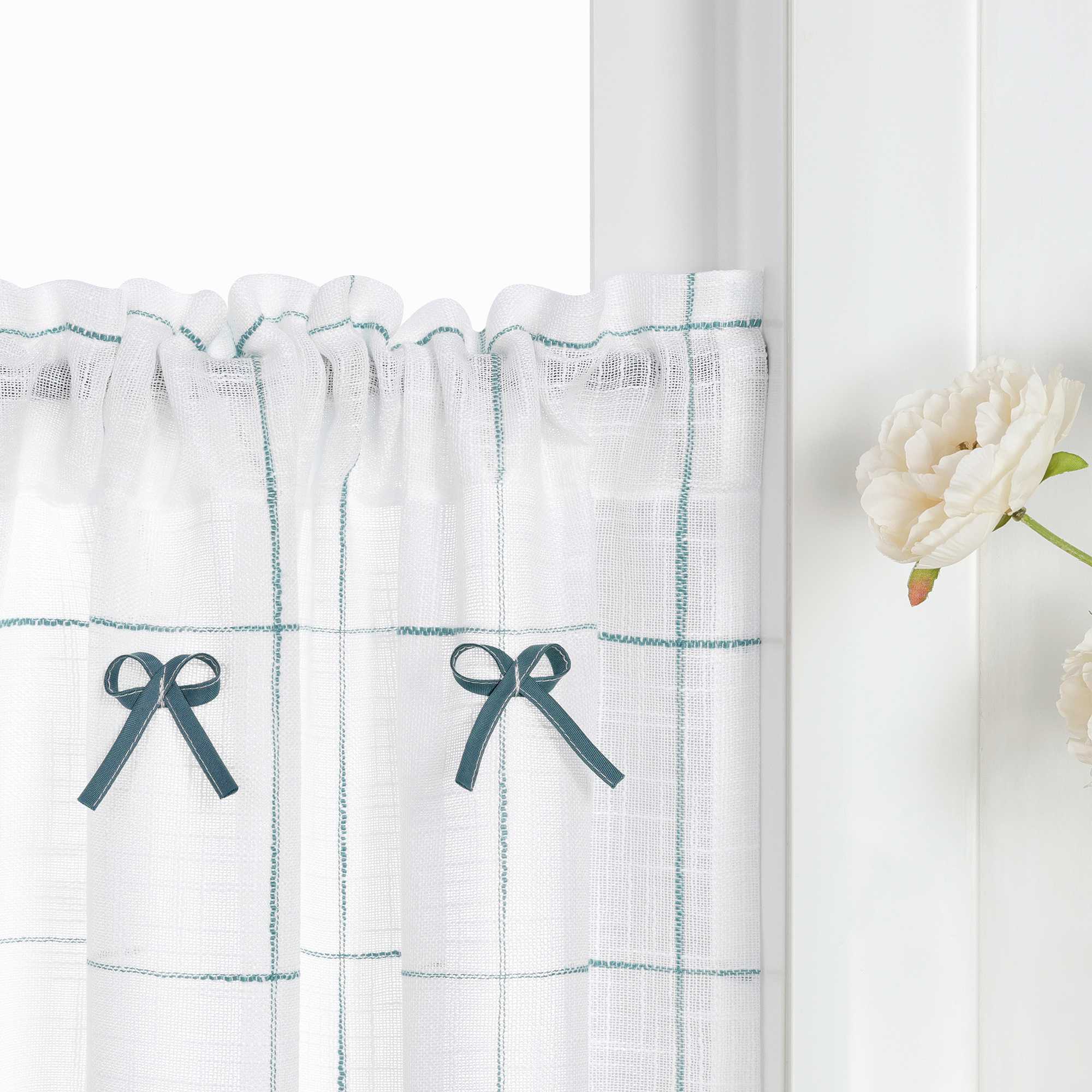Cafe Curtains with Rod Pocket in Linen-Look Fabric with Ties 1 Piece - Blue, H x W 45 x 90cm