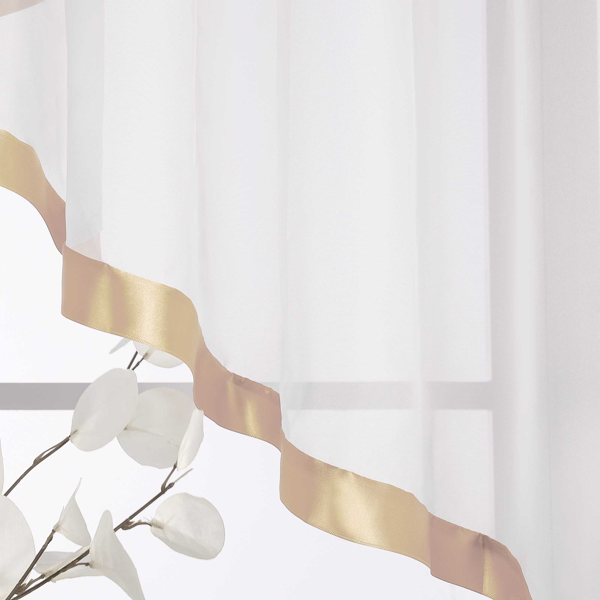 Cafe Curtain with Scalloped Edge, Satin Ribbon and Valance - Sand, H x W 145 x 600cm