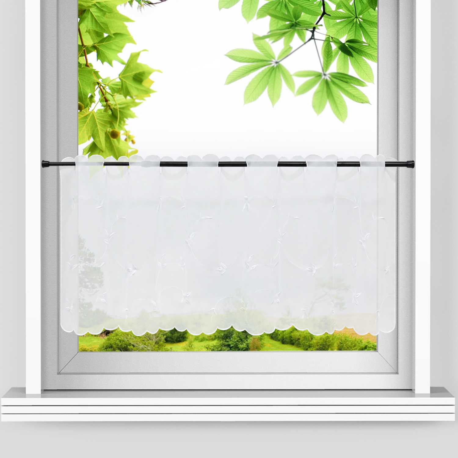 Cafe Curtain Voile with Leaf Embroidery - Green, H x W 45 x 120cm