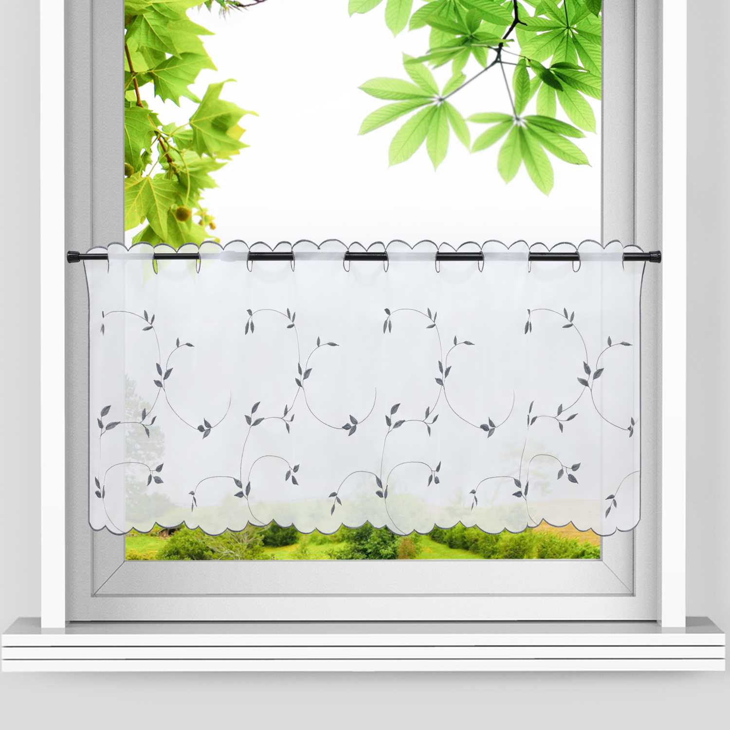 Cafe Curtain Voile with Leaf Embroidery