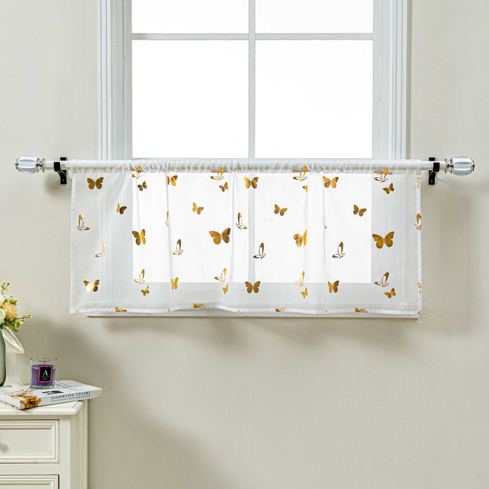 Cafe Curtain with Butterfly Shimmer Print Modern, Short - Silver, H x W 30 x 90cm