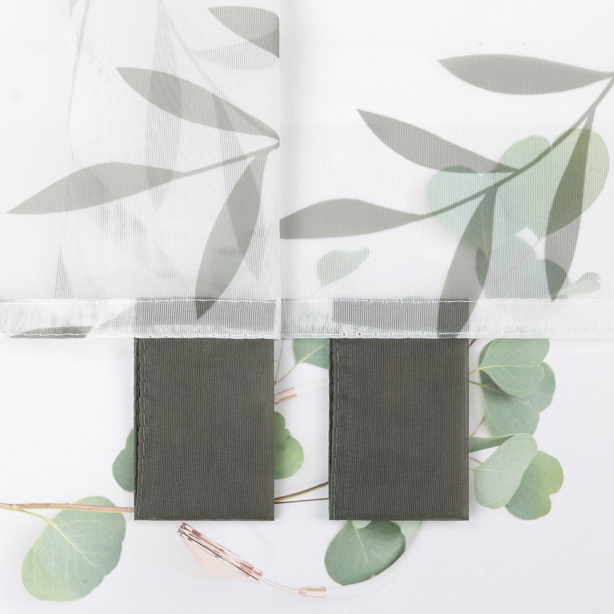 Cafe Curtain in Country Style with Leaf Pattern - Gray, H x W 45 x 90cm