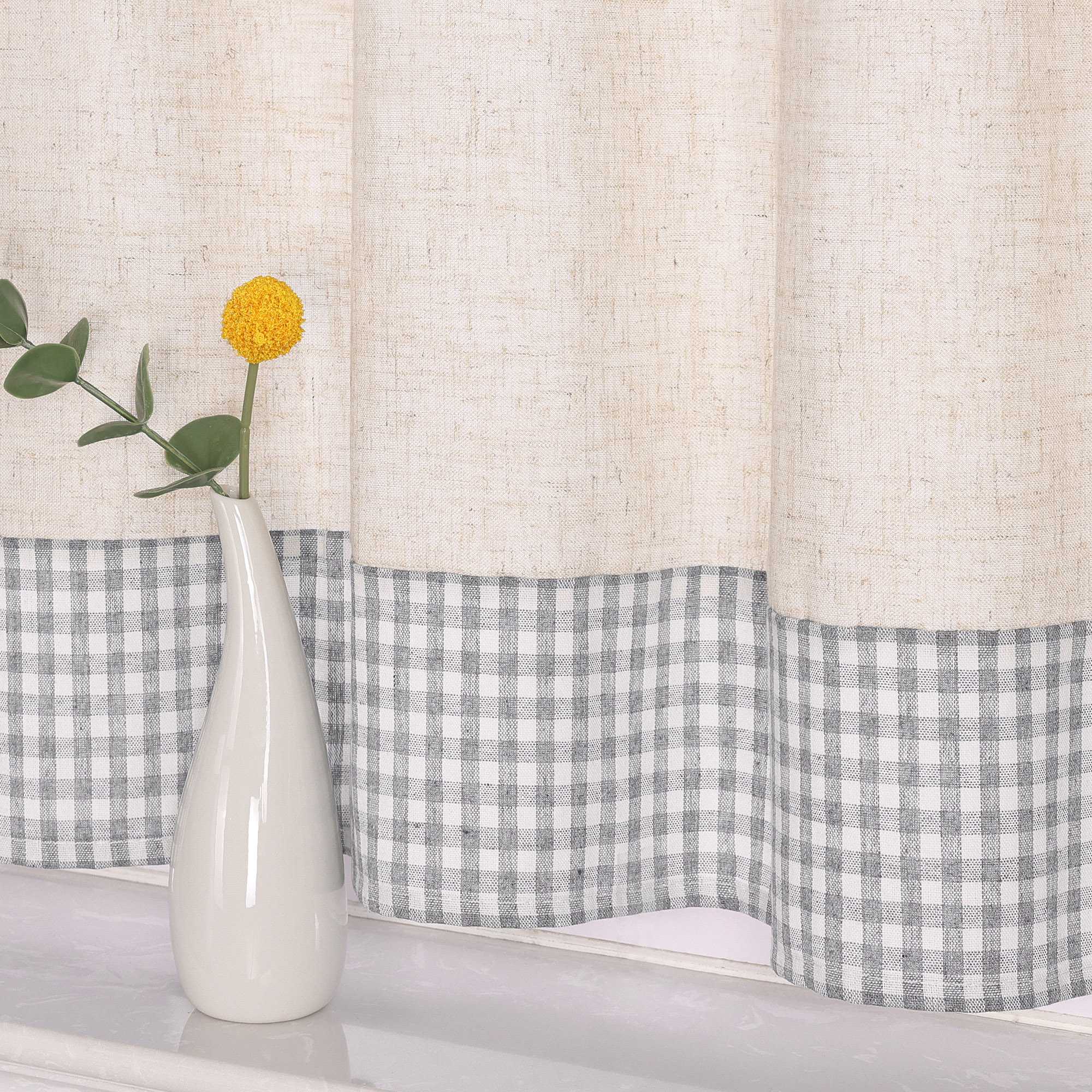 Cafe Curtain with Tab-Top Hanging/ Checked in Linen-Look Fabric - Gray, H x W 60 x 145cm