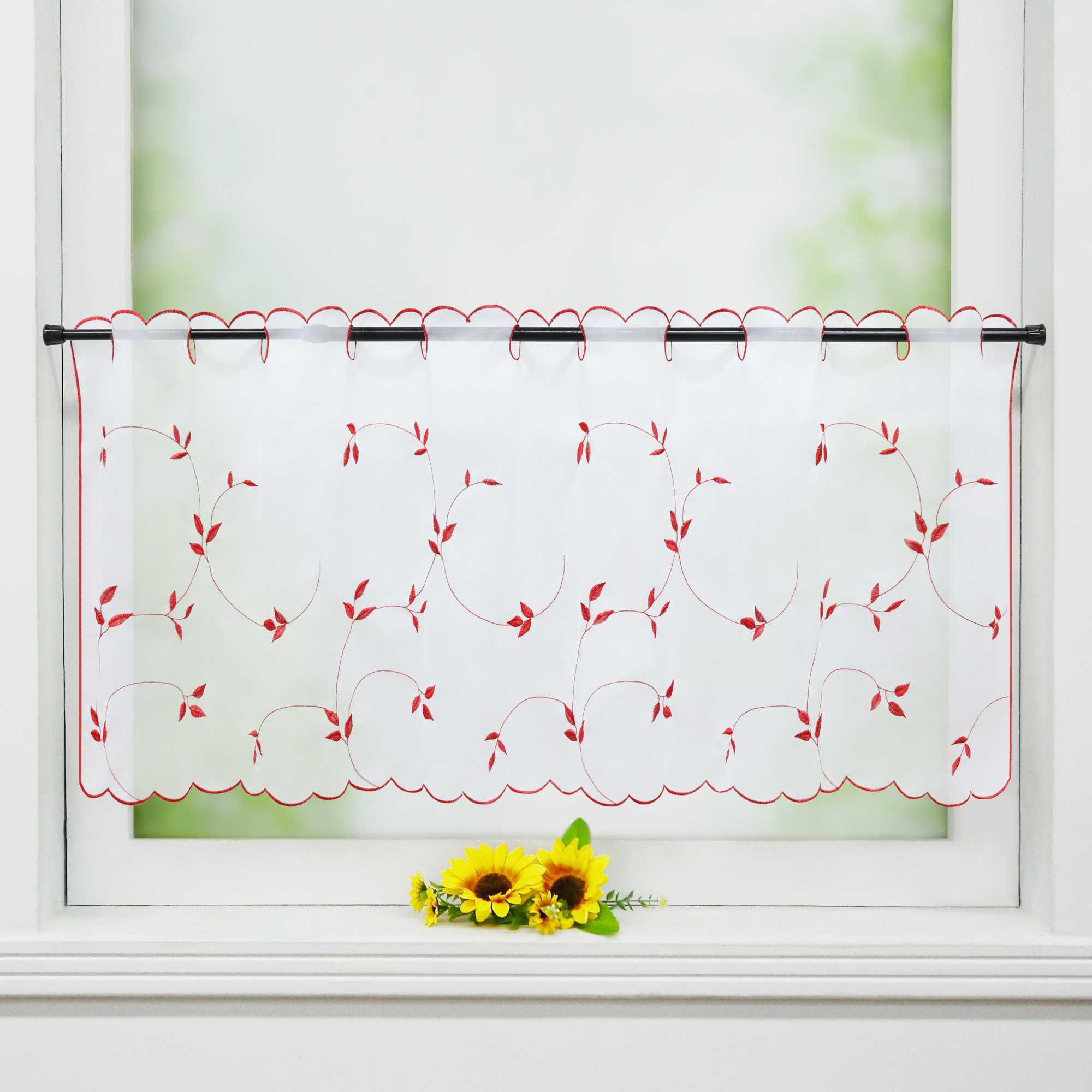 Cafe Curtain Voile with Leaf Embroidery - Red, H x W 30 x 90cm