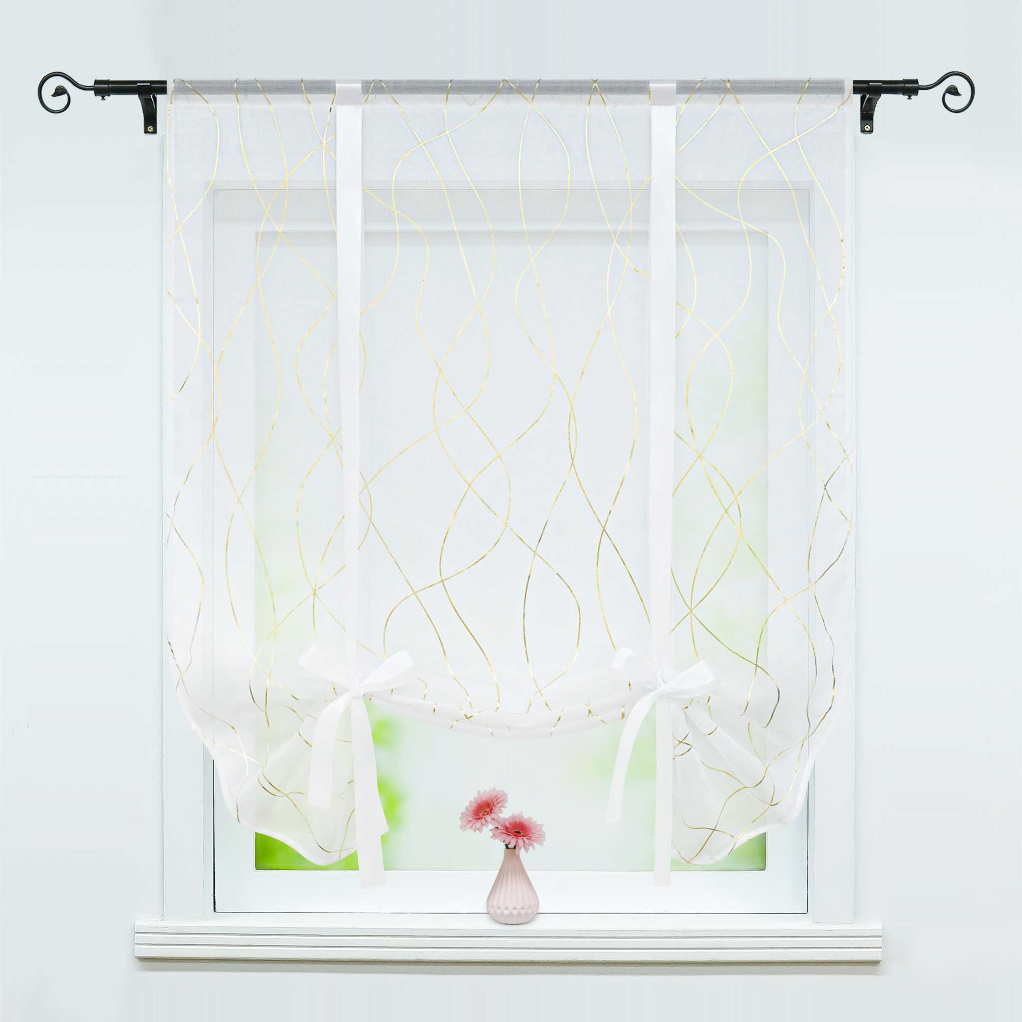 Roman Shade with Wave Stripes with Rod Pocket Satin Ribbon Semi-Sheer - Gold, W x H 60 x 140cm