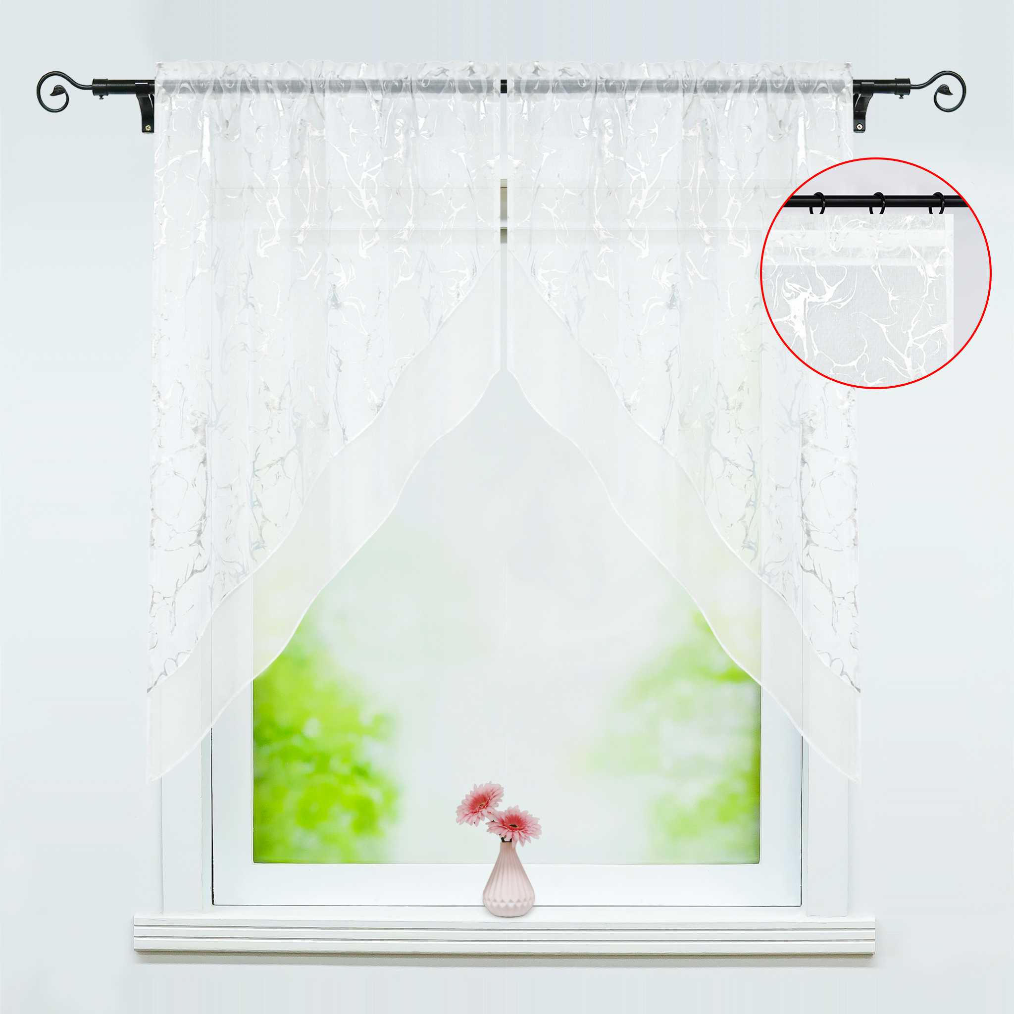 Cafe Curtain Double-Layer with Silver Marble Pattern Set of 2 - White, W x H 80 x 80cm