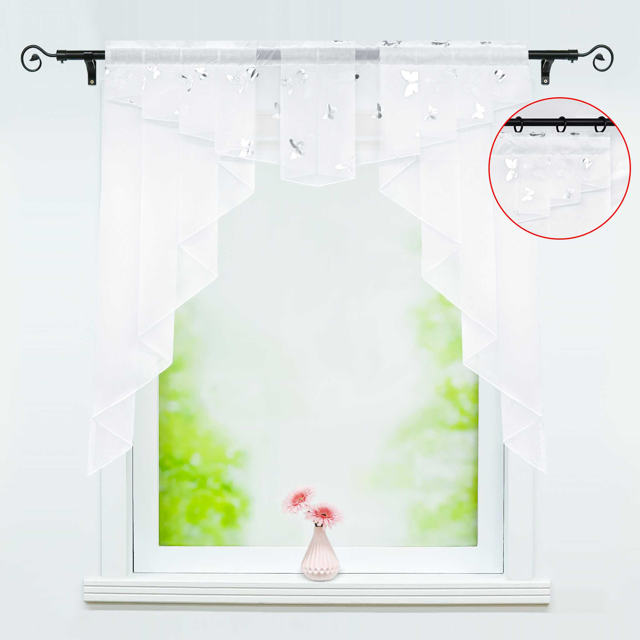 Cafe Curtain with Rod Pocket Double-Layer with Butterfly Pattern - White, H x W 80 x 80cm