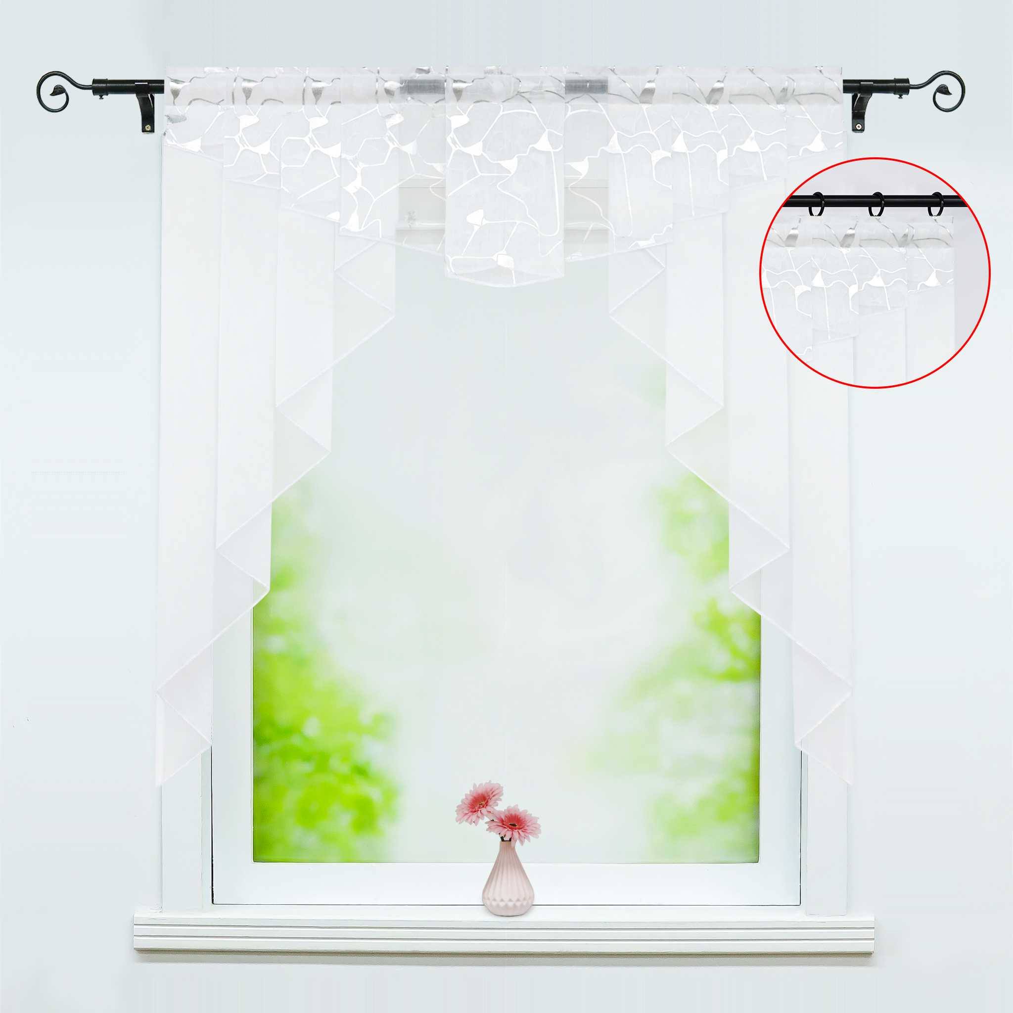 Cafe Curtain Window Valance with Textured Print with Rod Pocket - Silver, W x H 100 x 100cm