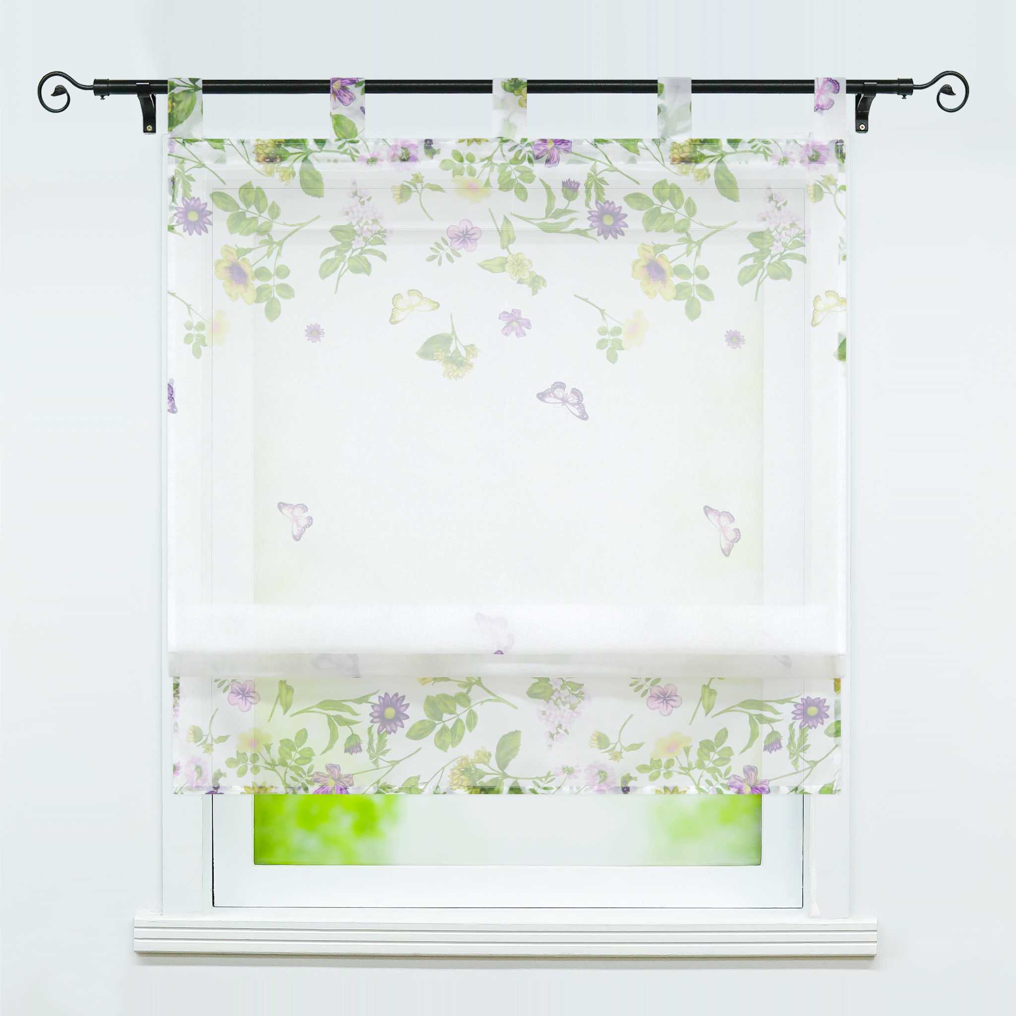 Roman Shade with Tab Tops with Butterfly Pattern Sheer - White, W x H 80 x 140cm