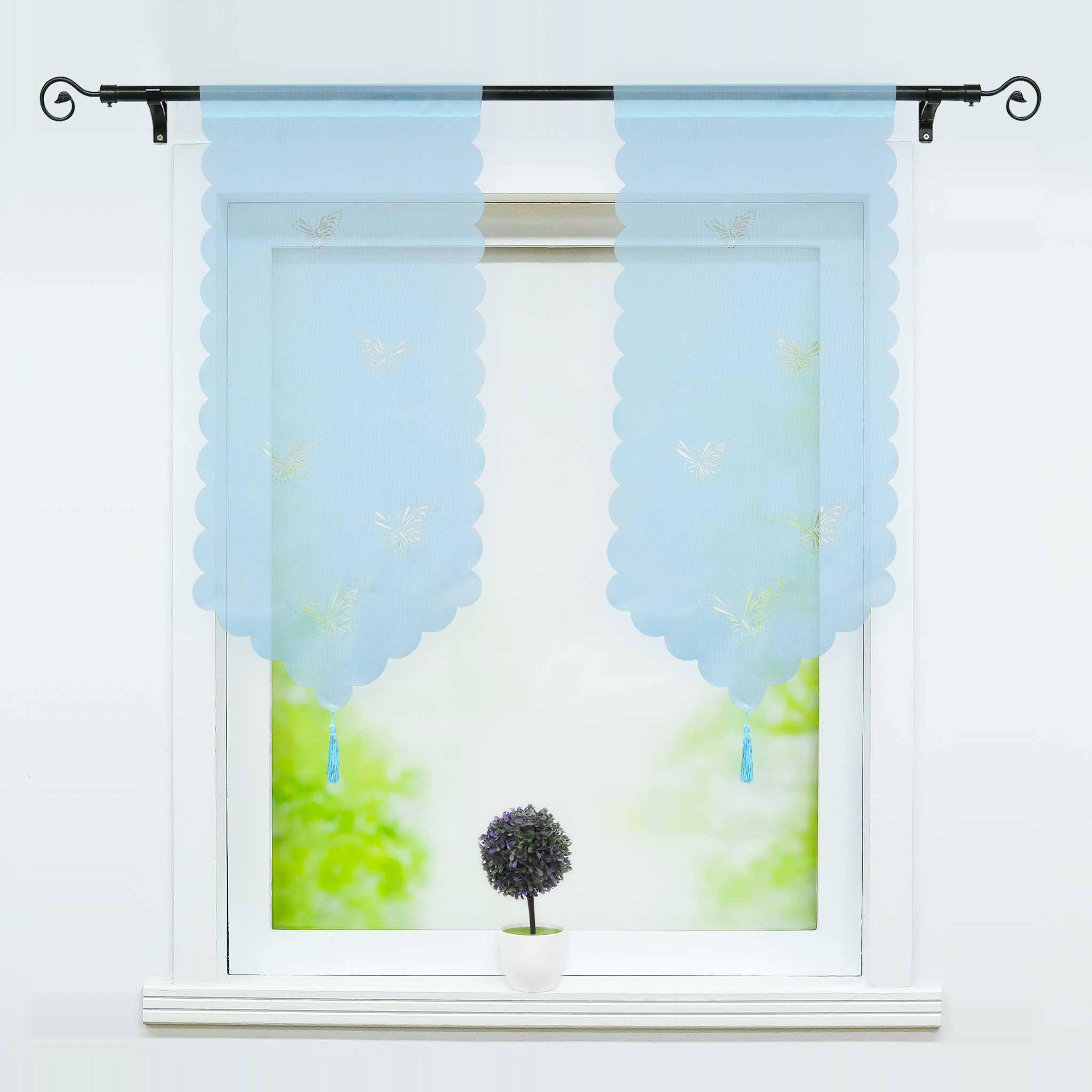 Cafe Curtain with Butterfly Design Triangular Hem 1 Piece - Blue, W x H 80 x 150cm