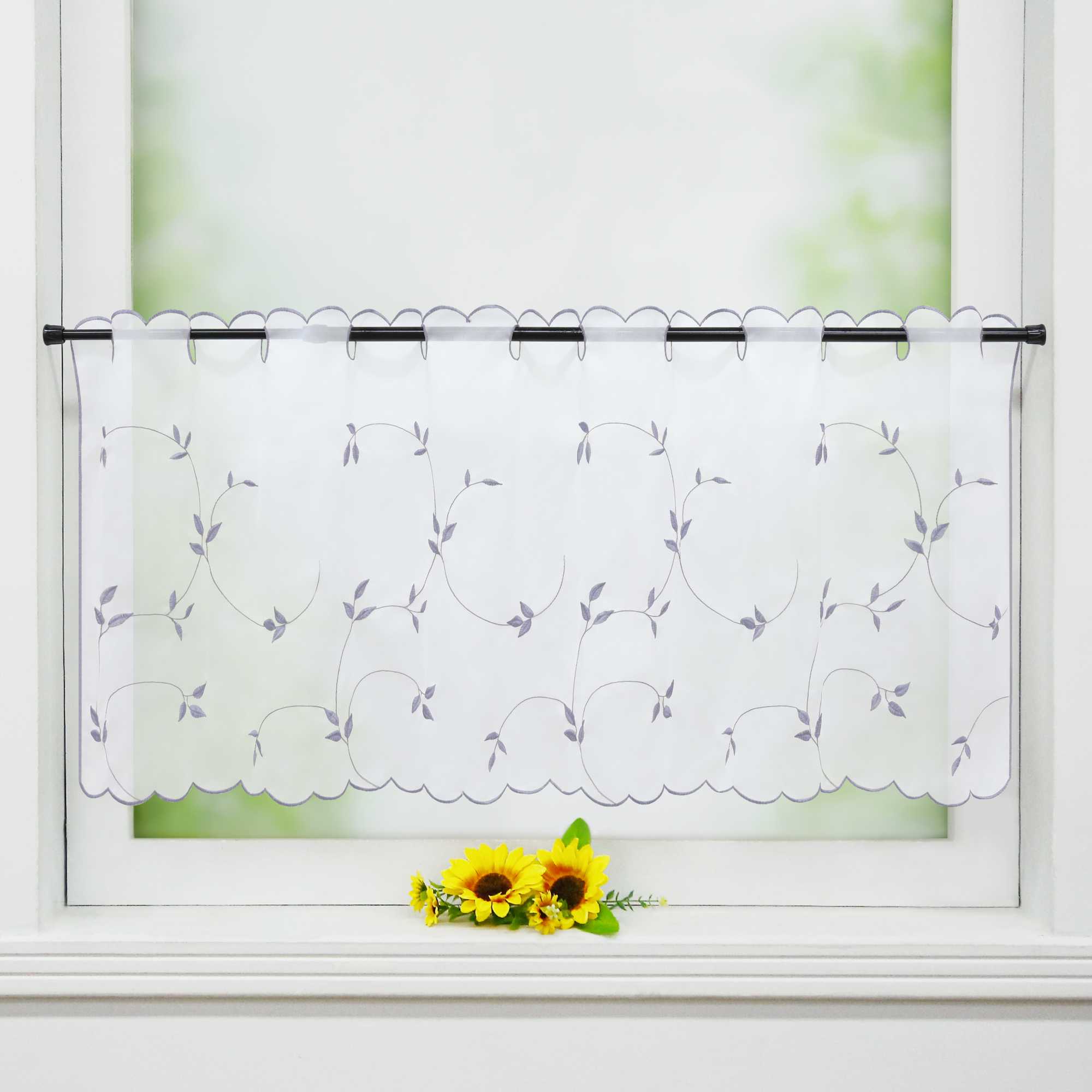 Cafe Curtain Voile with Leaf Embroidery - White, H x W 30 x 90cm