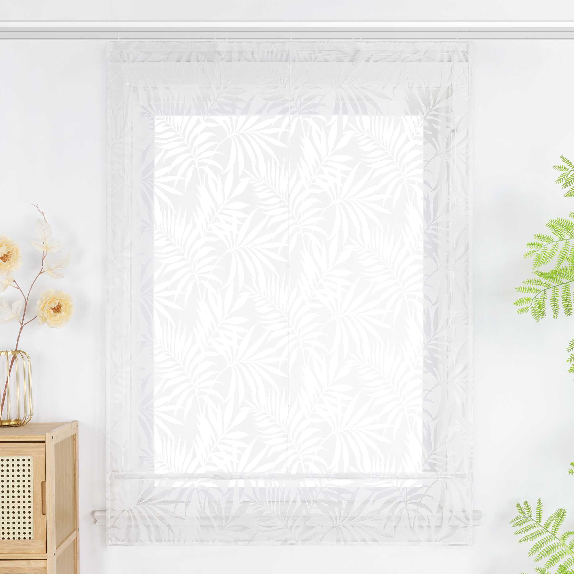 Roman Shade with Leaf Pattern and Hook-and-Loop Tape - White, W x H 60 x 140cm