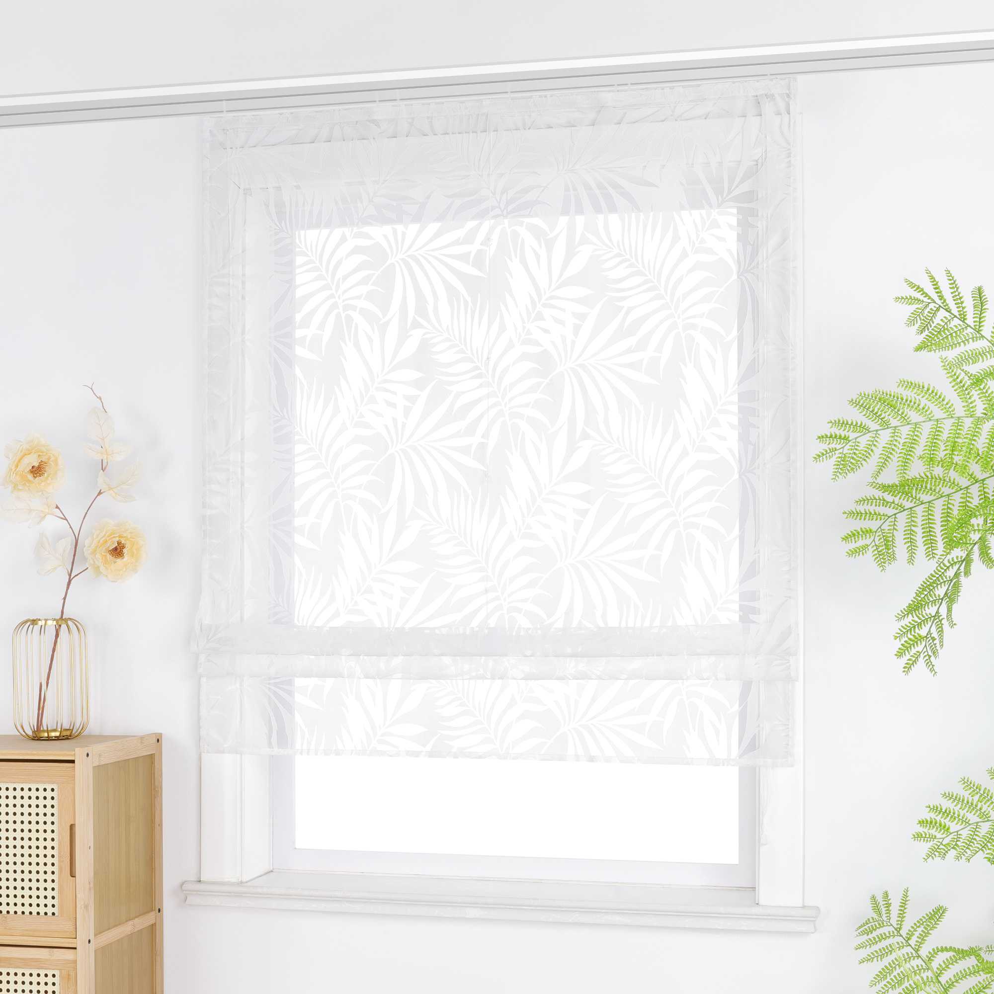 Roman Shade with Leaf Pattern and Hook-and-Loop Tape - White, W x H 100 x 140cm