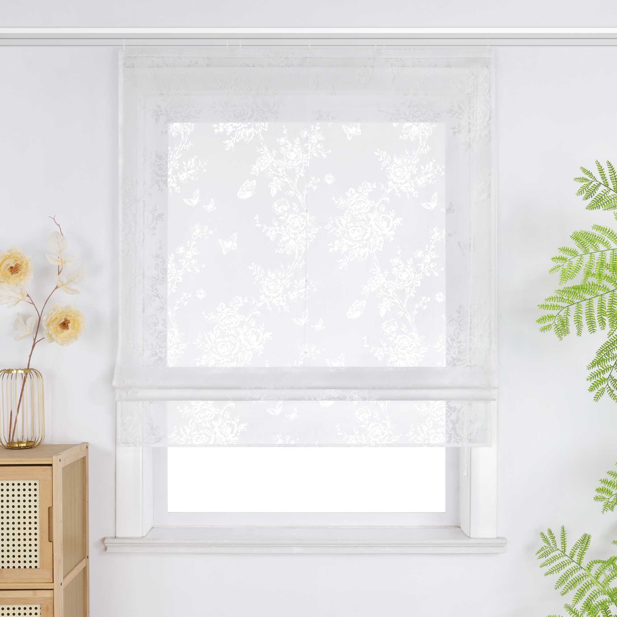 Roman Shade with Rose Pattern & Hook-and-Loop Hanging - White, W x H 60 x 140cm