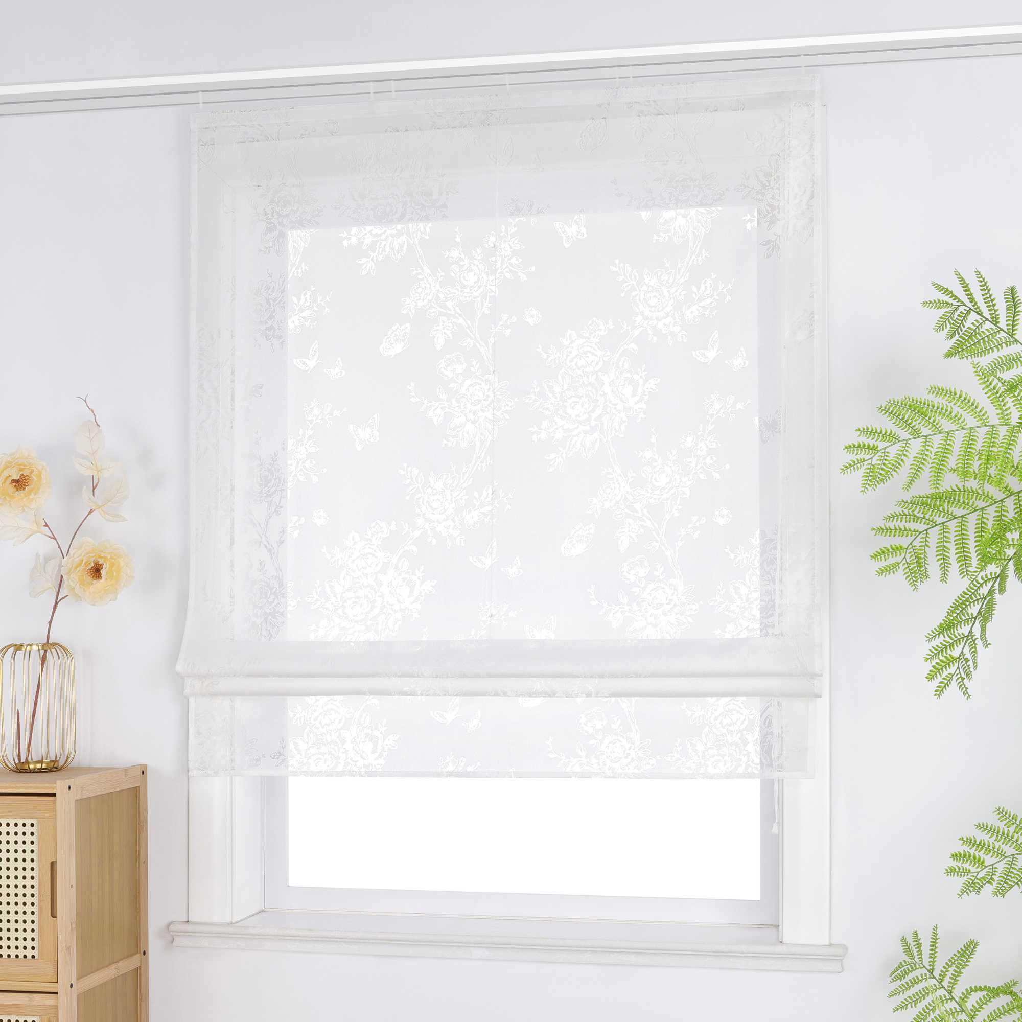 Roman Shade with Rose Pattern & Hook-and-Loop Hanging - White, W x H 100 x 140cm