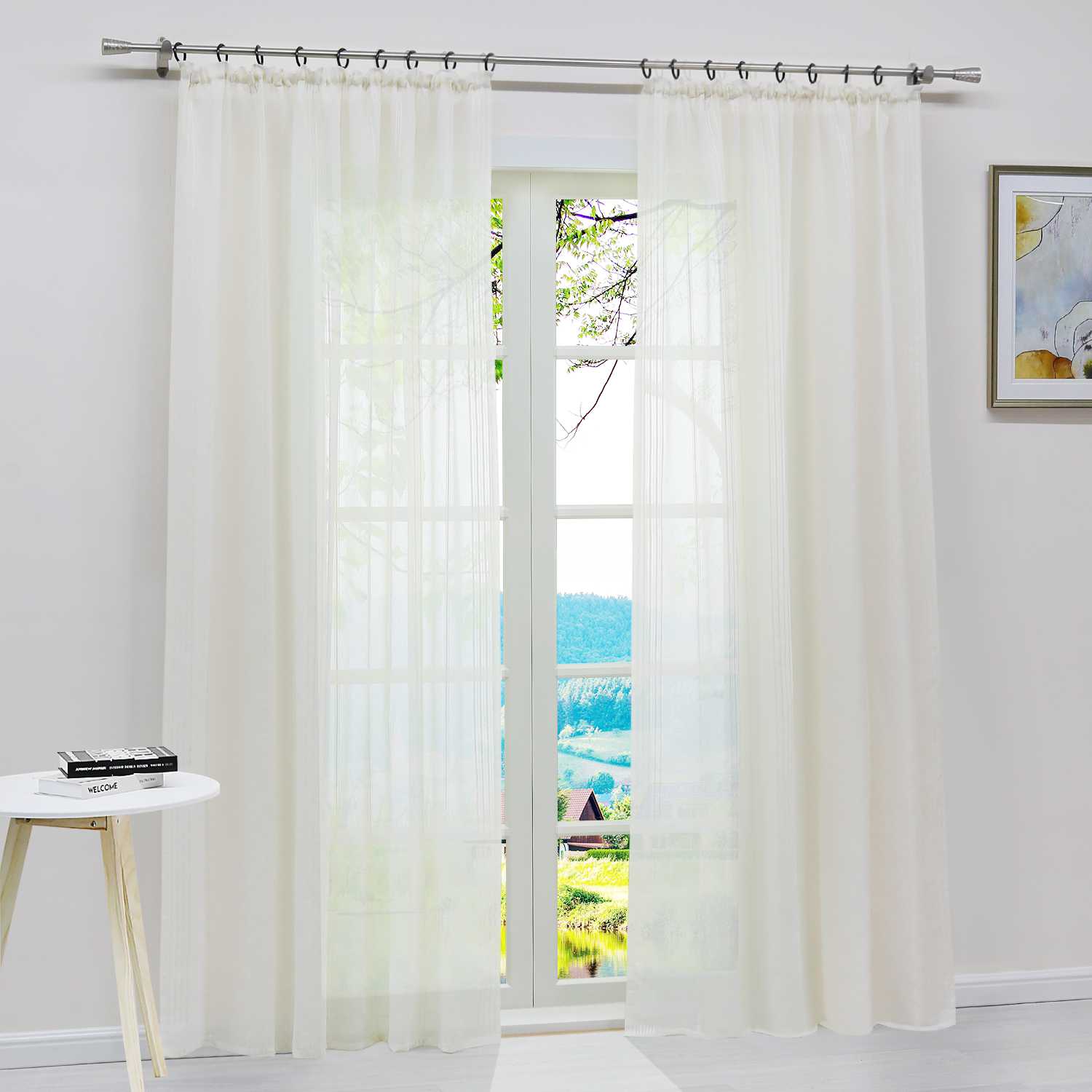 Curtain Set of 2 Voile Curtains with Stripes Sheer - White, Curtain-Tape Panel