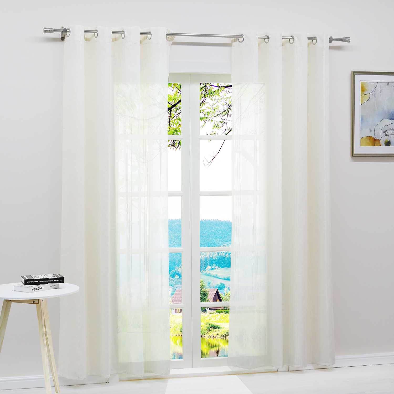 Curtain Set of 2 Voile Curtains with Stripes Sheer