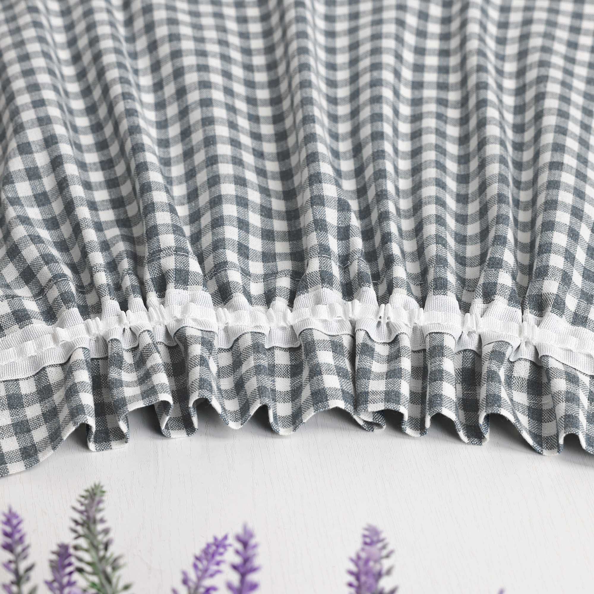 Short Curtains in Valance Style with Check Pattern Set of 2 - Beige, H x W 90 x 90cm