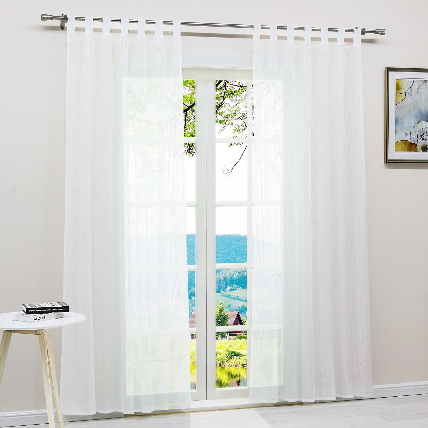 Curtain Set of 2 Voile Curtains with Stripes Sheer - Beige, Tab-Top Panel