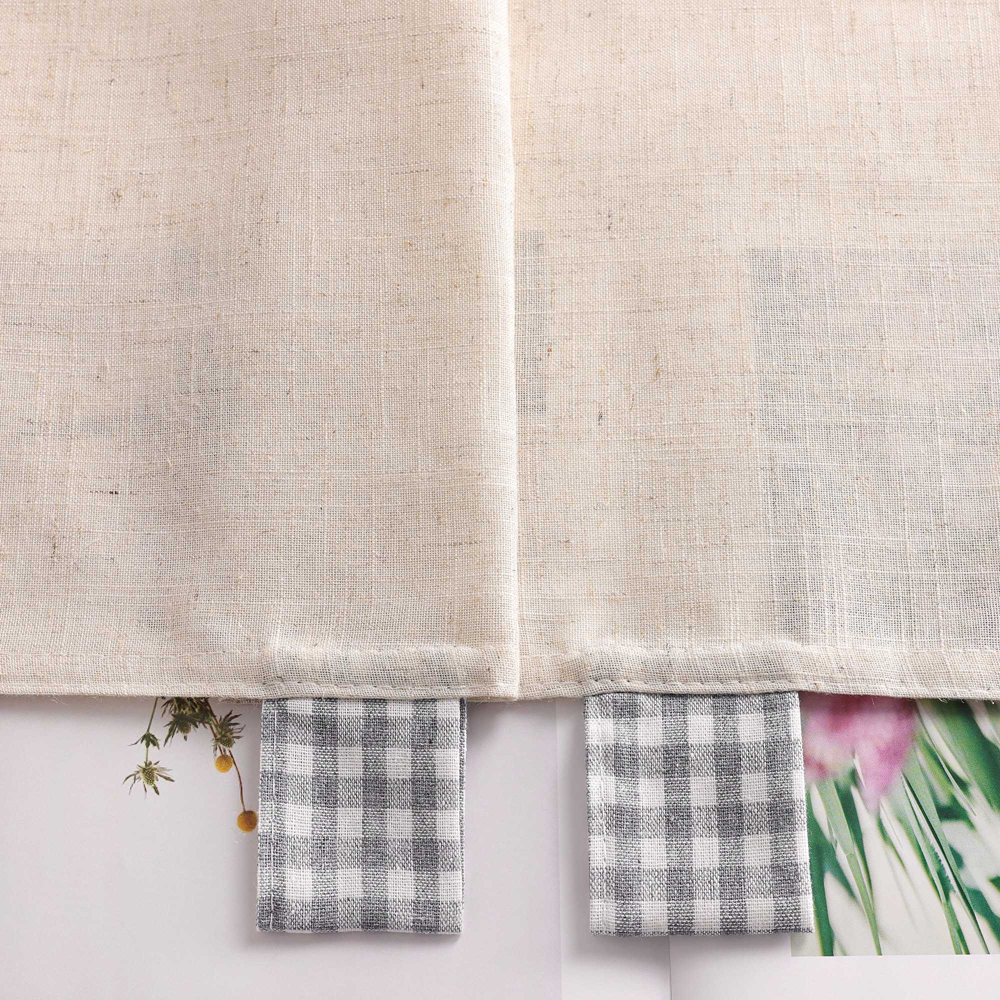 Cafe Curtain with Tab-Top Hanging/ Checked in Linen-Look Fabric - Gray, H x W 90 x 90cm