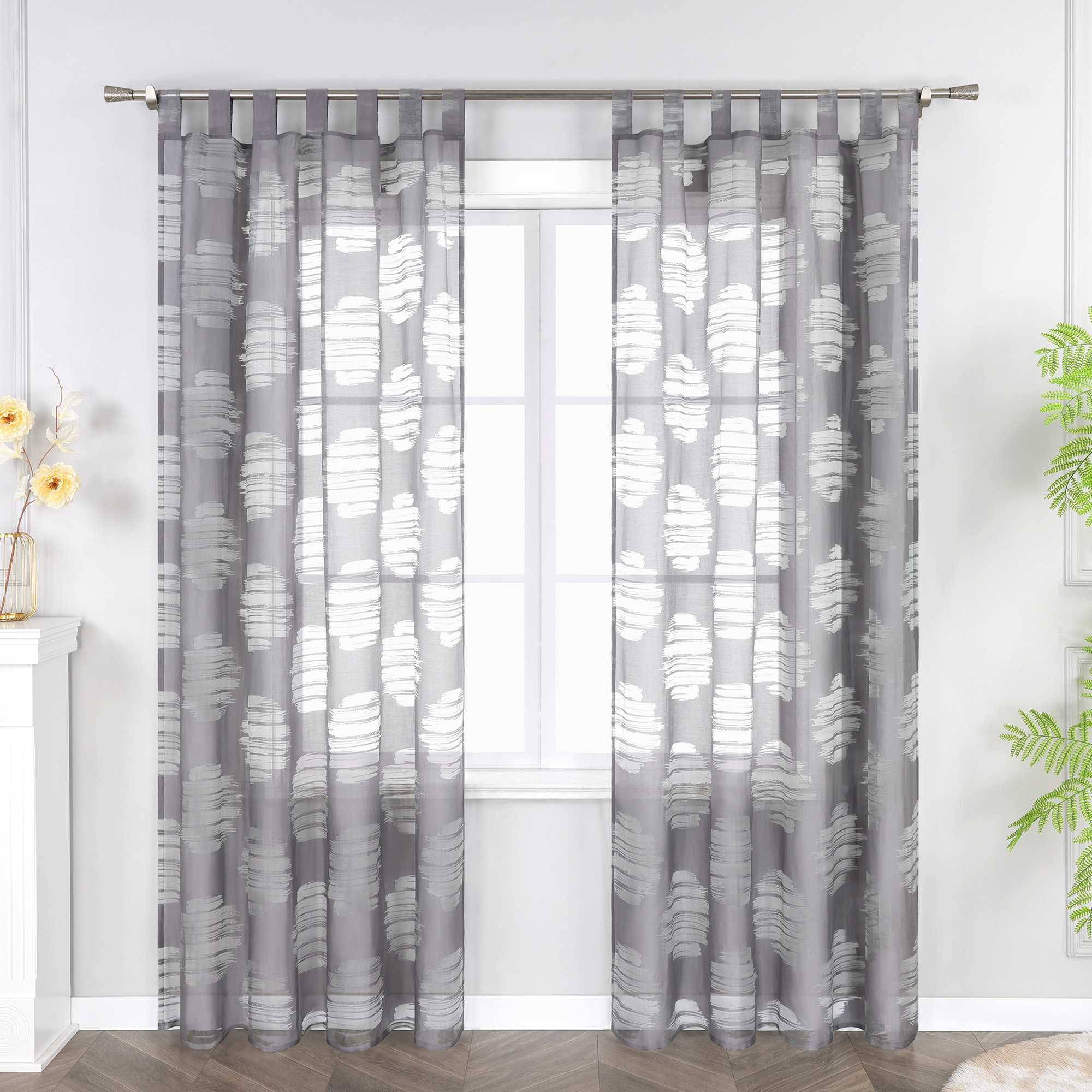Curtain with Wavy Circle Pattern - Tab-Top Hanging - White, W x H 140 x 145cm