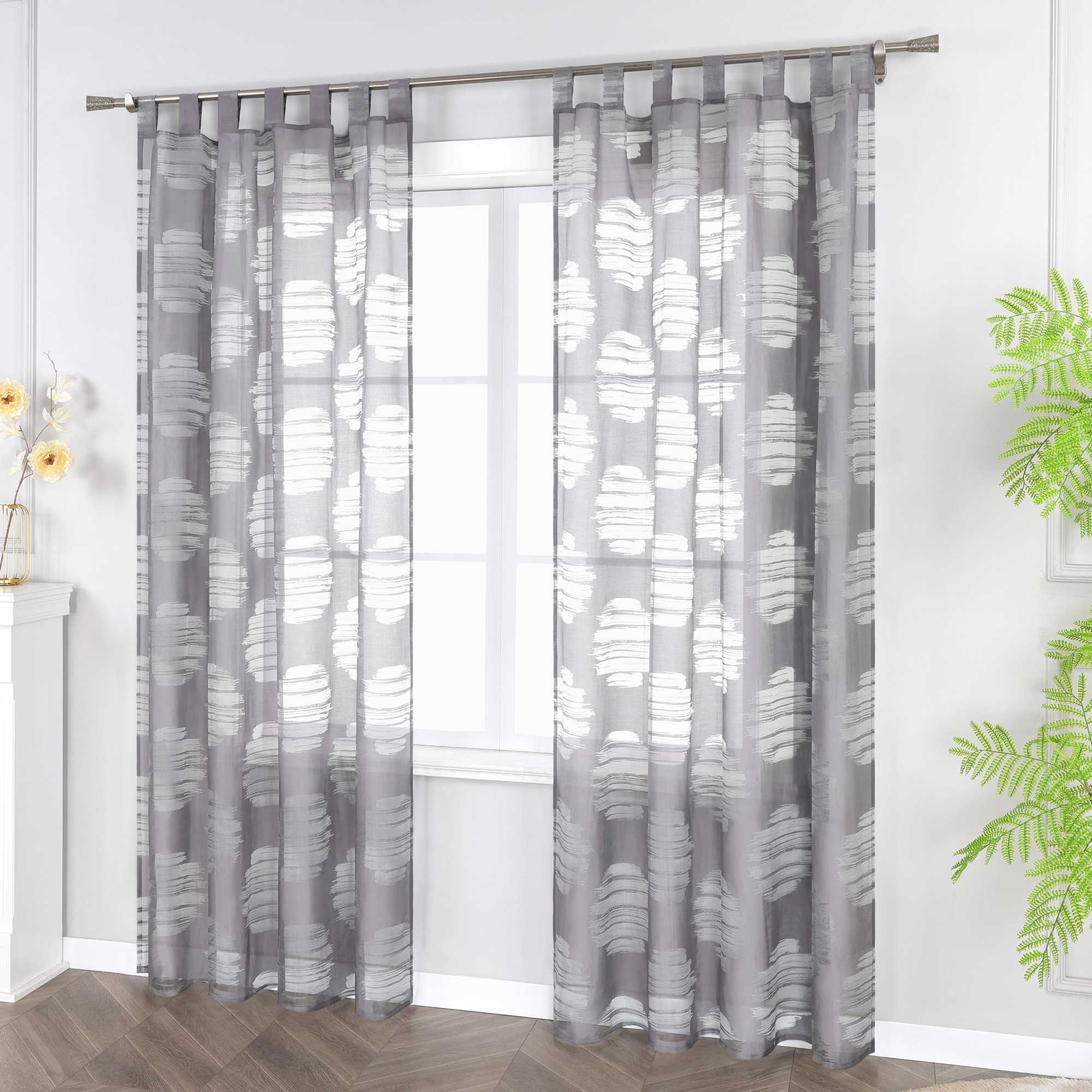 Curtain with Wavy Circle Pattern - Tab-Top Hanging - White, W x H 140 x 175cm