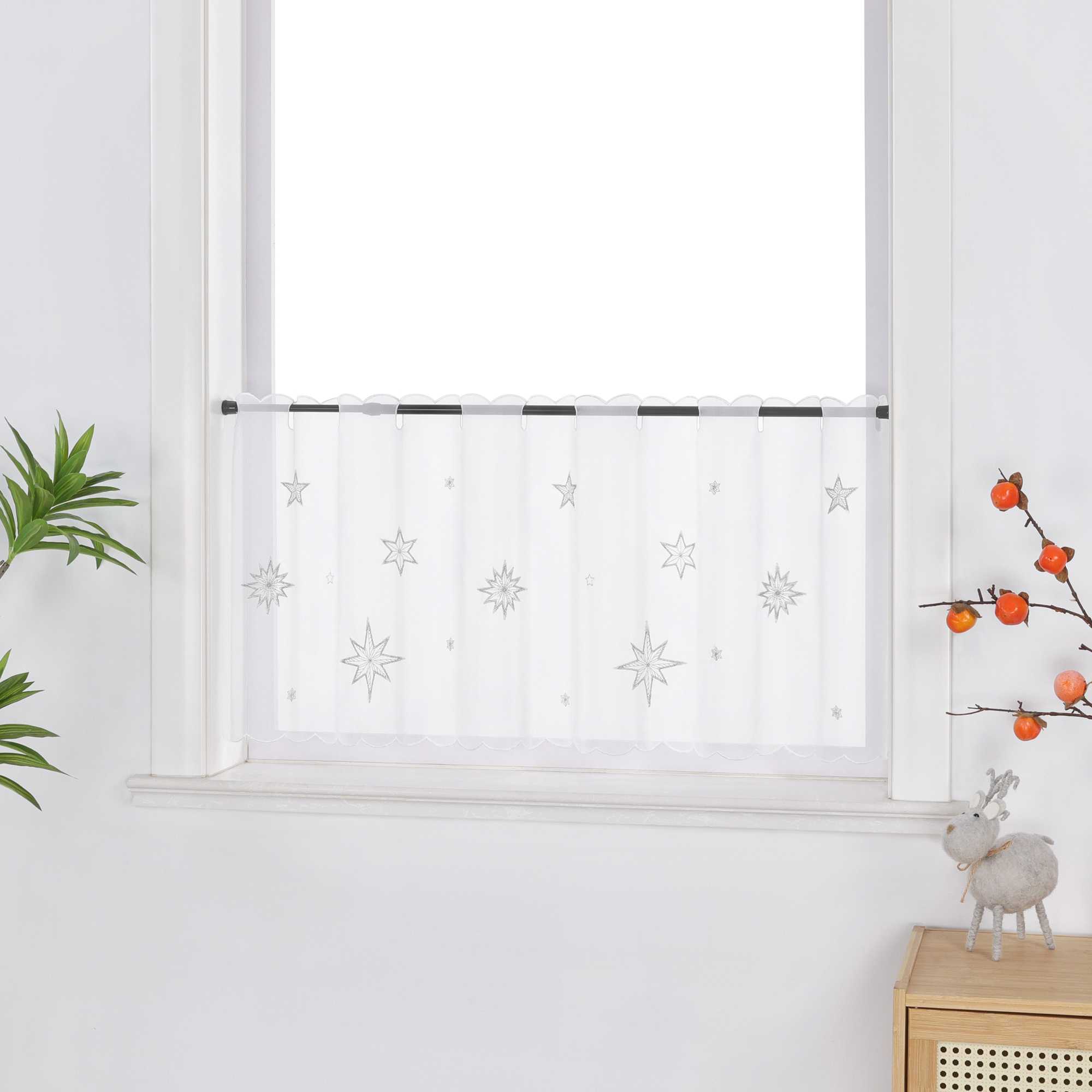 Cafe Curtain Sheer Christmas with Embroidered Star Pattern - silver, W x H 90 x 45cm