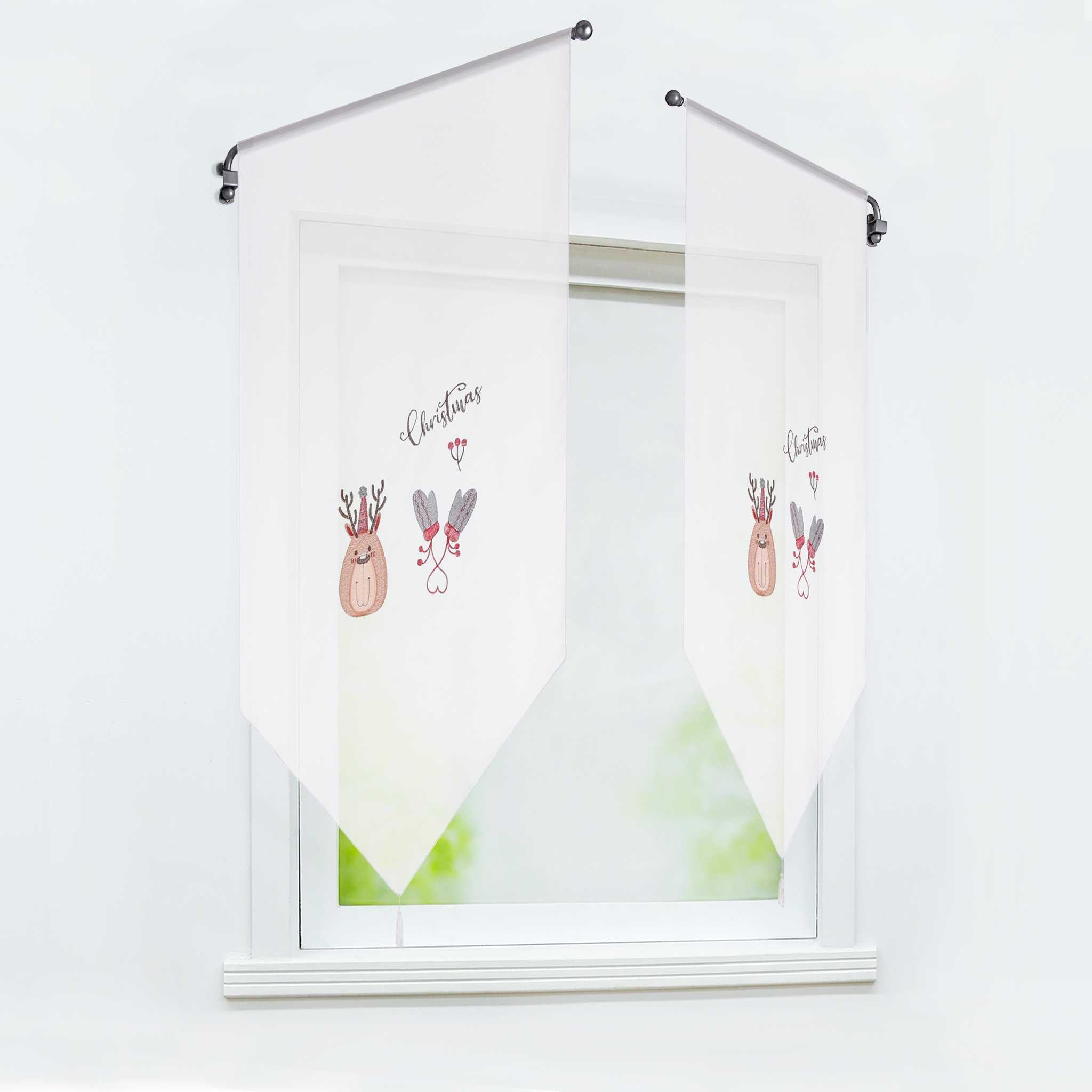 Cafe Curtain Christmas 1 Piece with Reindeer and Mitten Embroidery - White, W x H 40 x 60cm