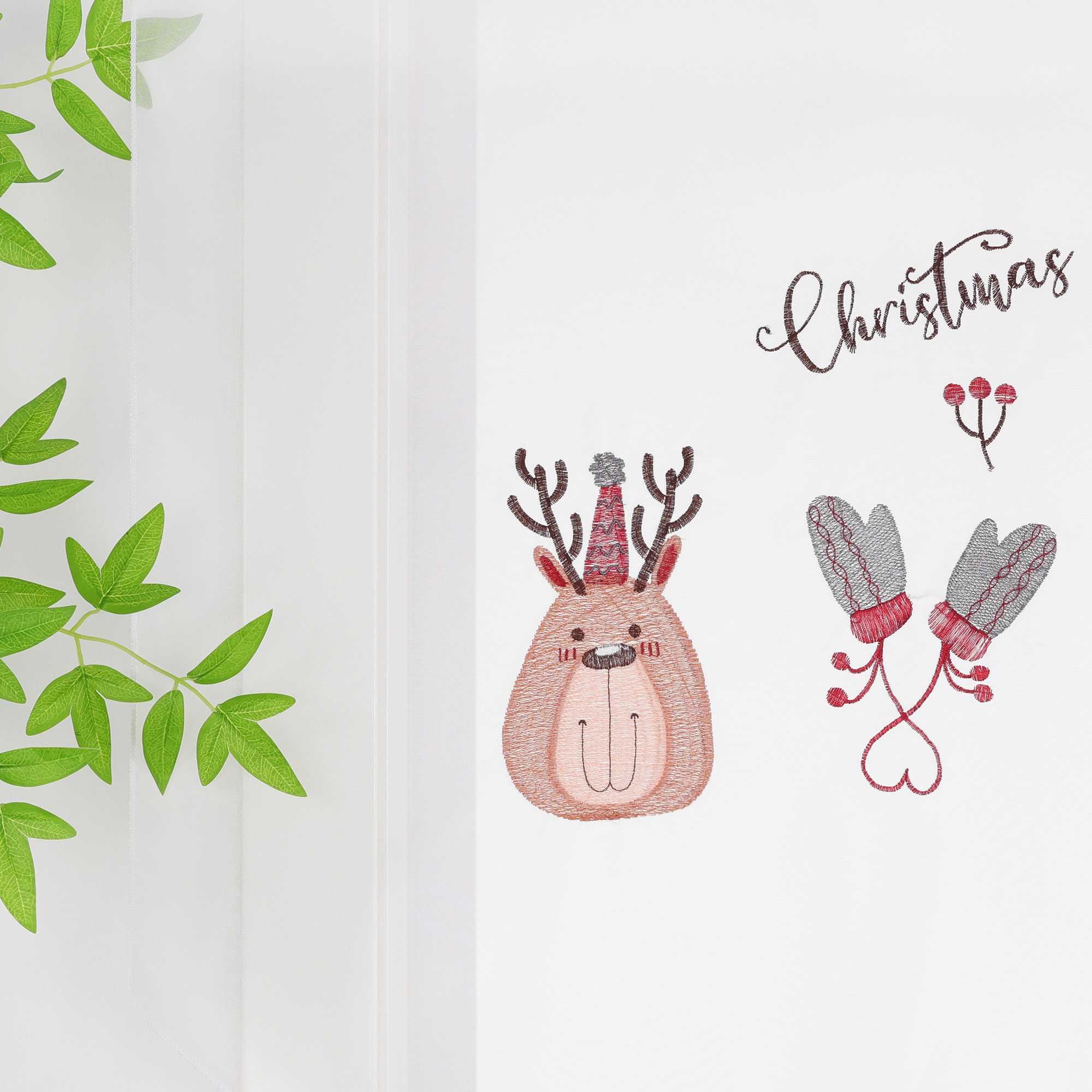 Cafe Curtain Christmas 1 Piece with Reindeer and Mitten Embroidery - White, W x H 40 x 90cm