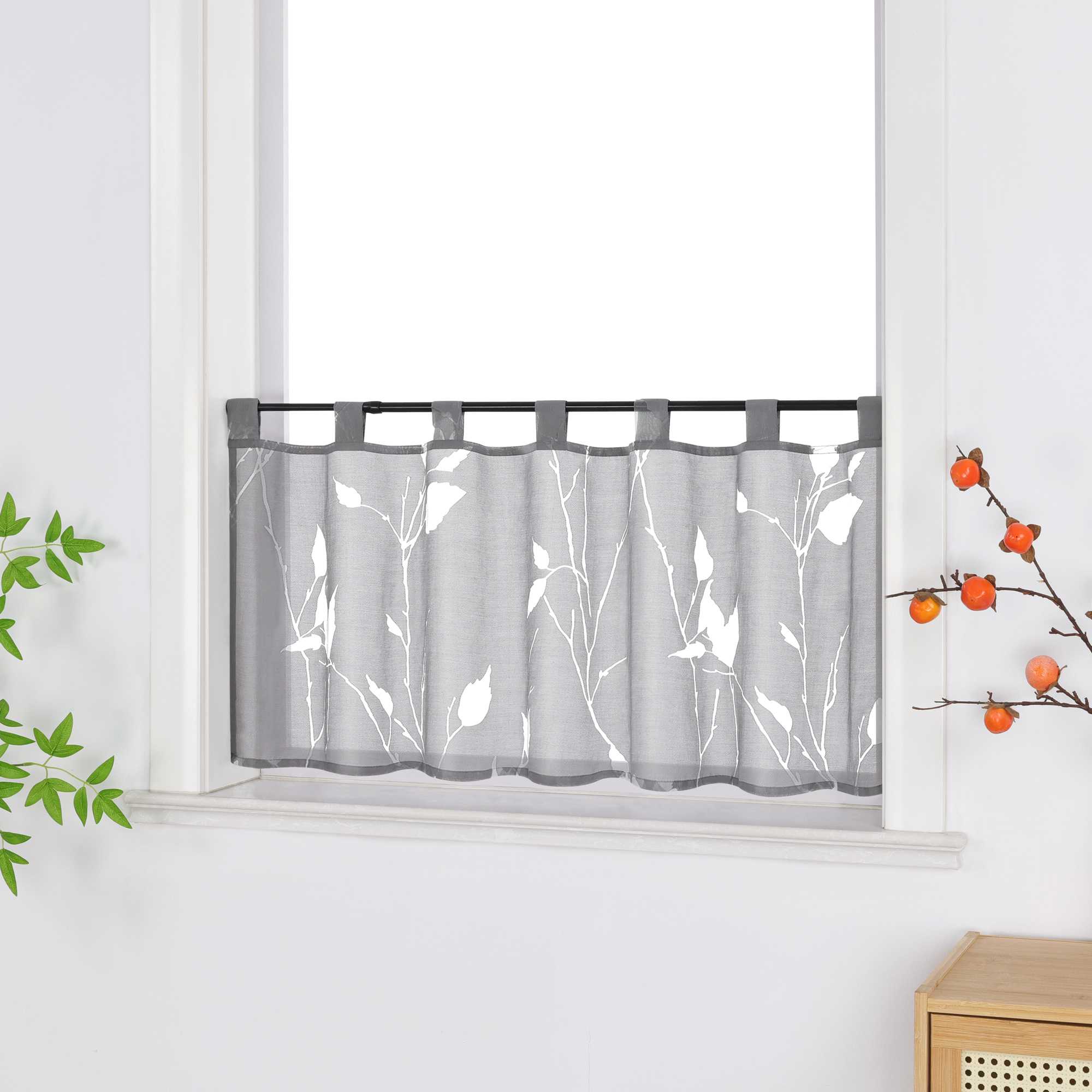 Cafe Curtain Semi-Sheer Leaf Pattern with Tab-Top Hanging - Gray, H x W 60 x 140cm