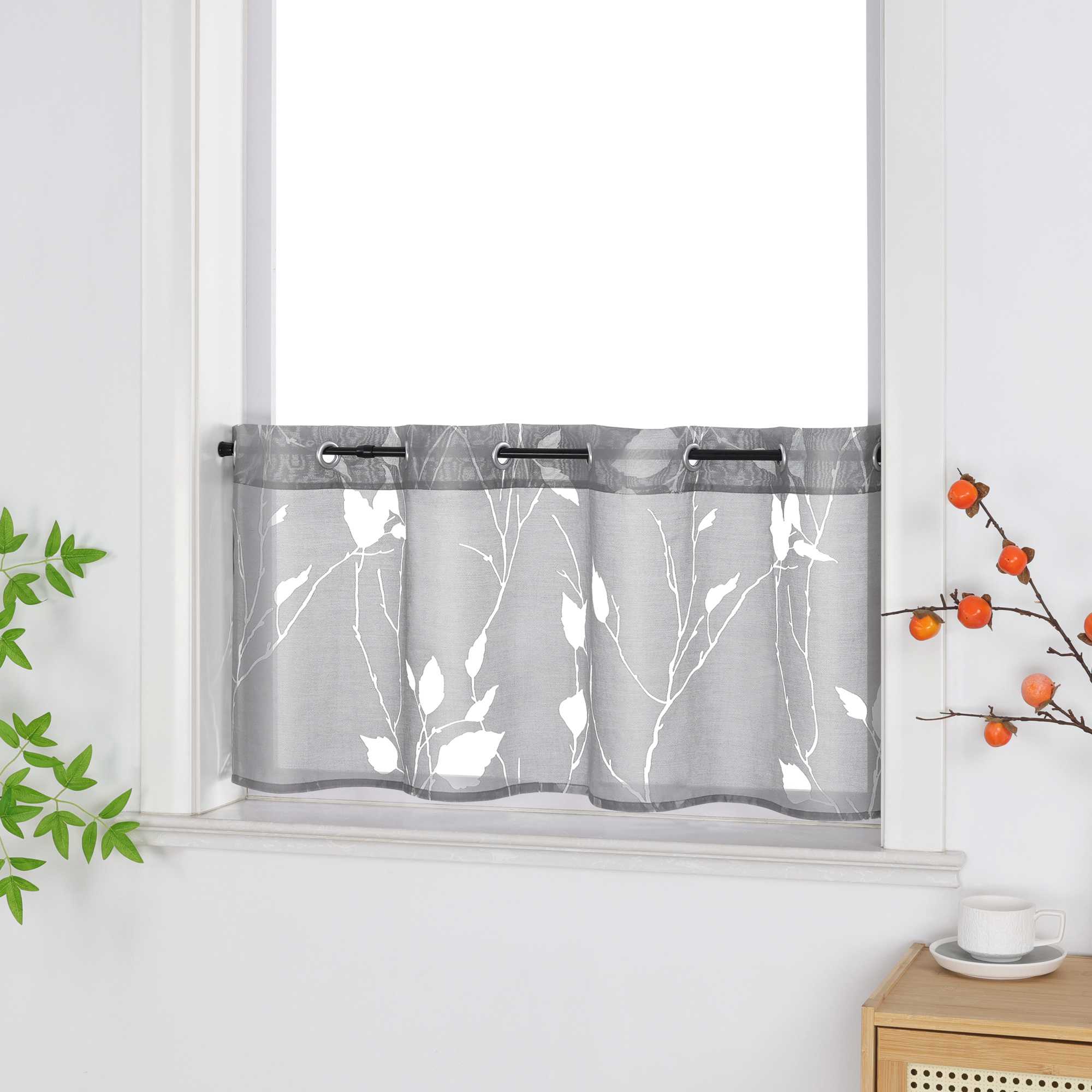 Cafe Curtain Semi-Sheer Leaf Pattern with Grommet Hanging - Gray, H x W 30 x 120cm