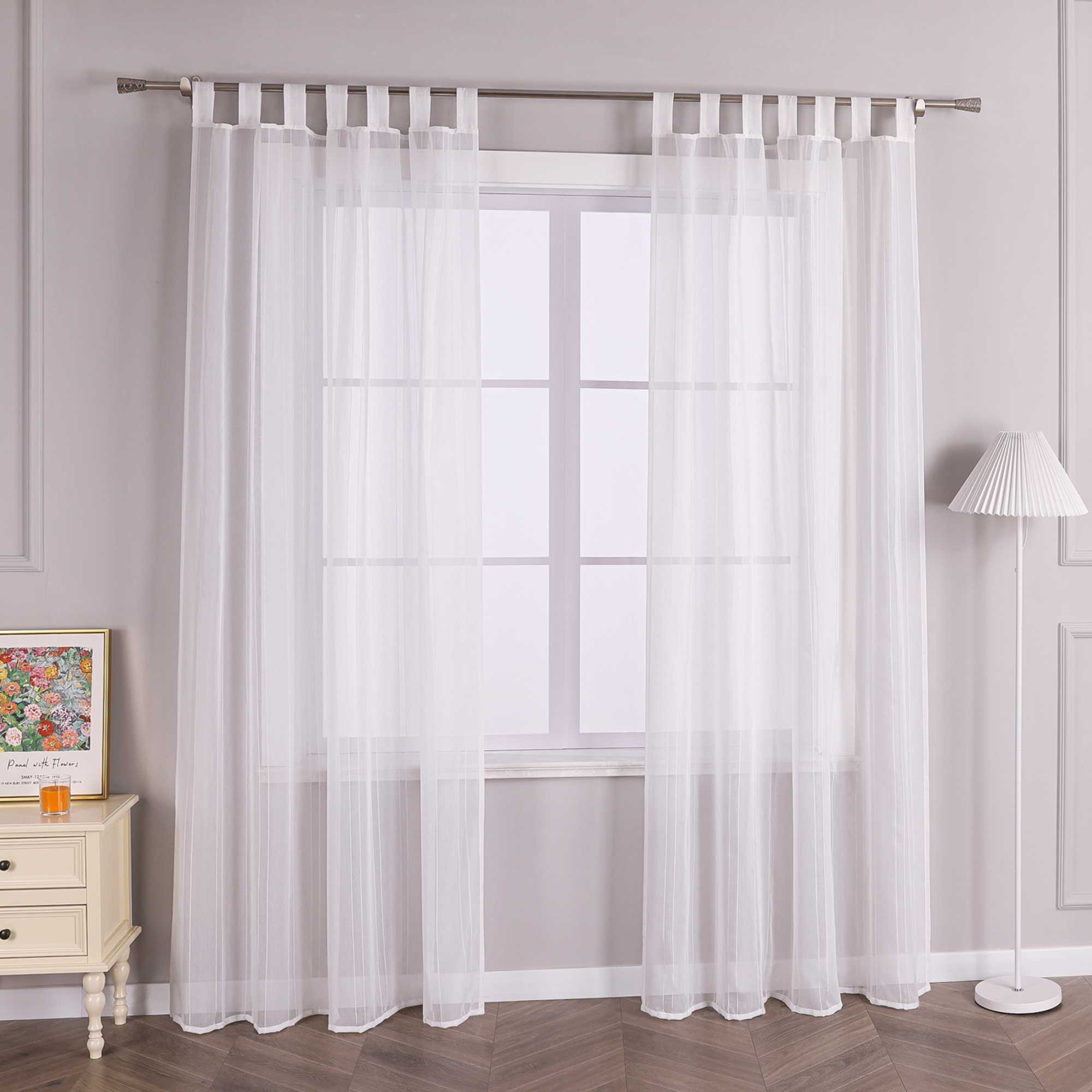Tab-Top Curtain with Stripes Solid Color Sheer Light-Filtering - White, W x H 140 x 175cm