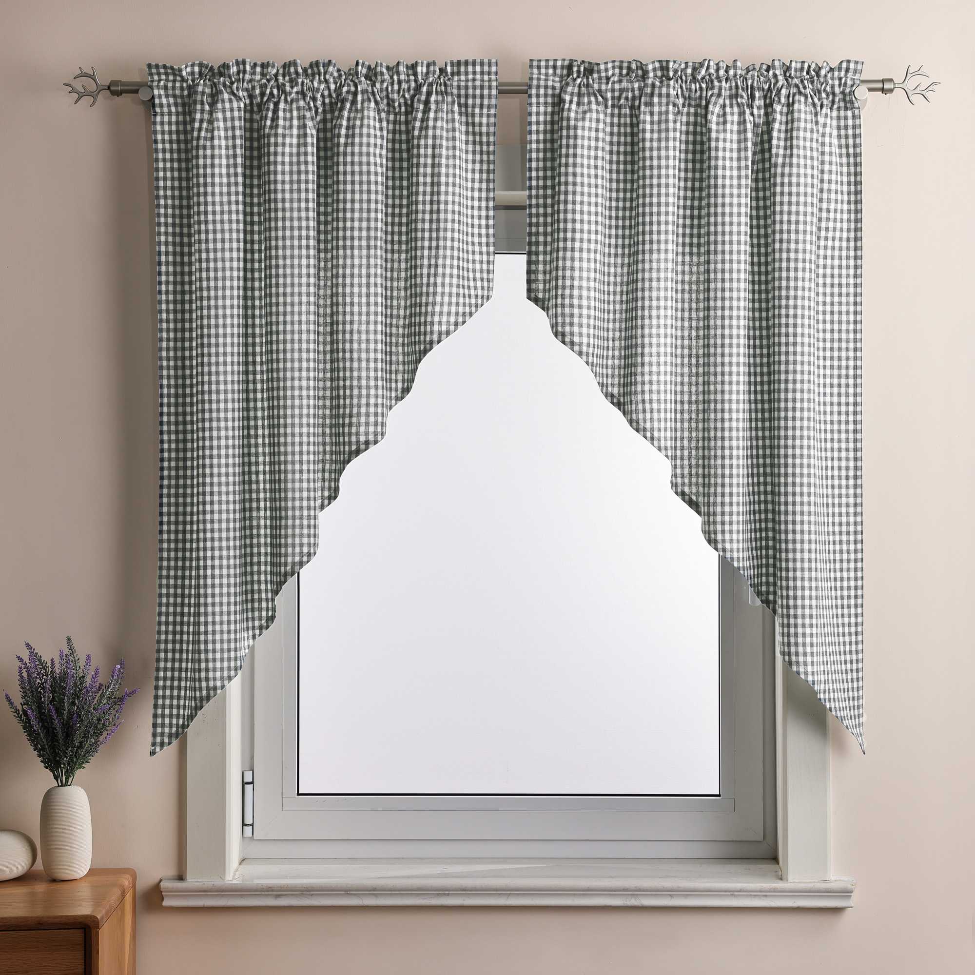 Short Curtains in Valance Style with Check Pattern Set of 2 - Gray, H x W 90 x 90cm