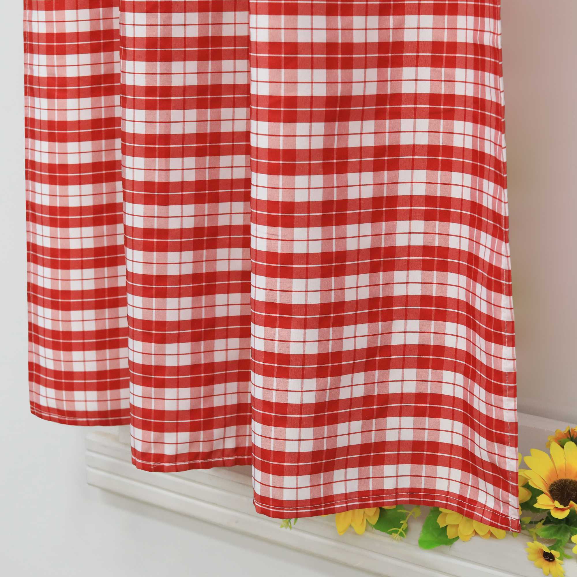 Cafe Curtains in Country Style with Check Pattern Set of 2 - Red, W x H 100 x 145cm