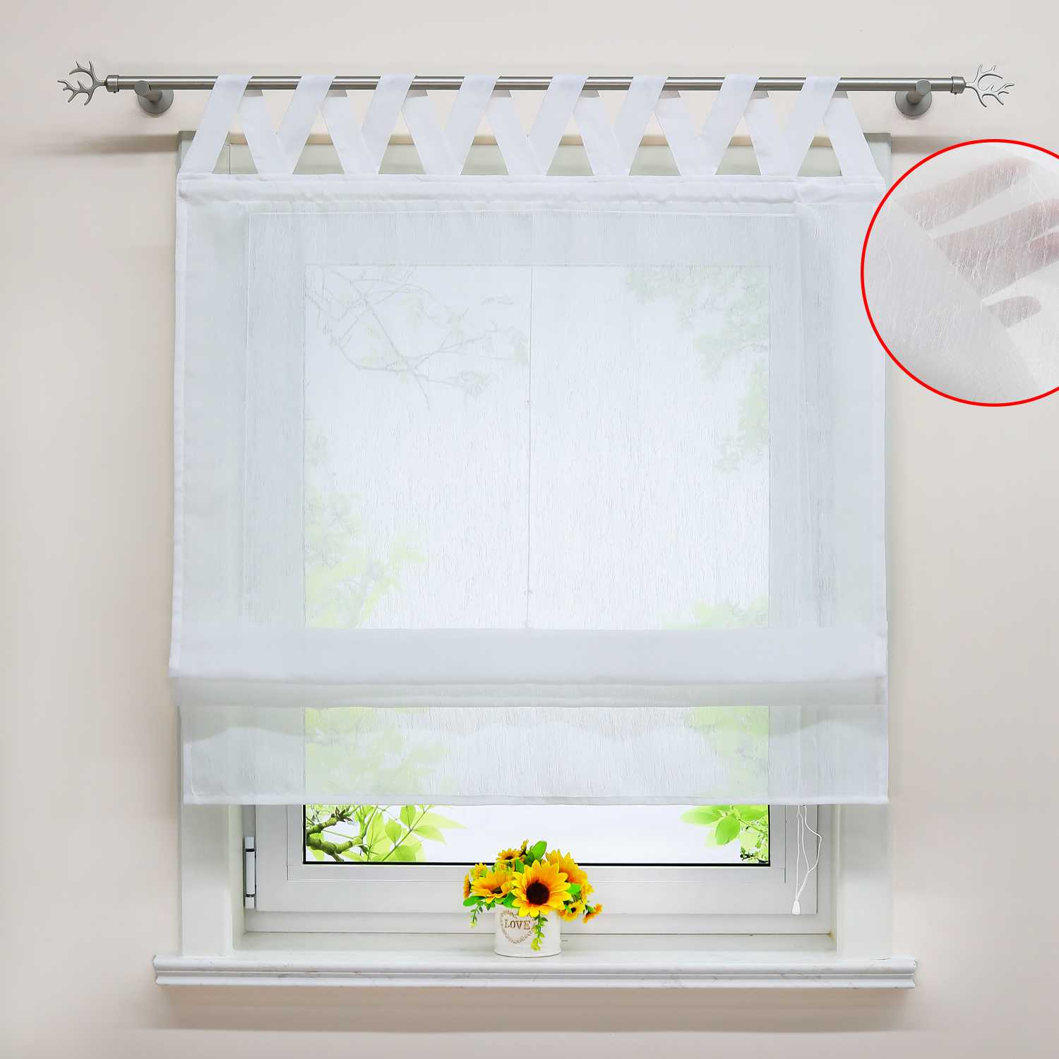 Roman Shade Tab-Top Curtain with V-Shaped Tab Tops Solid Color Decorative Folds Height-Adjustable 1 Piece - White, W x H 60 x 140cm