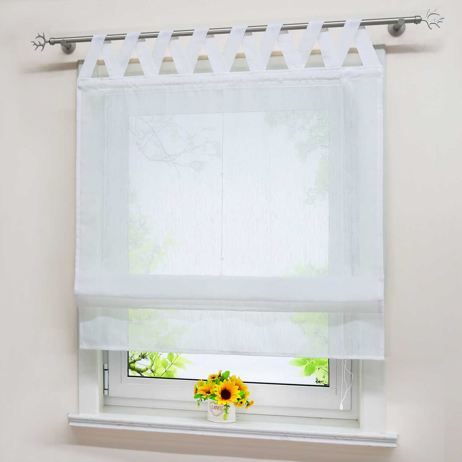 Roman Shade Tab-Top Curtain with V-Shaped Tab Tops Solid Color Decorative Folds Height-Adjustable 1 Piece - White, W x H 80 x 140cm