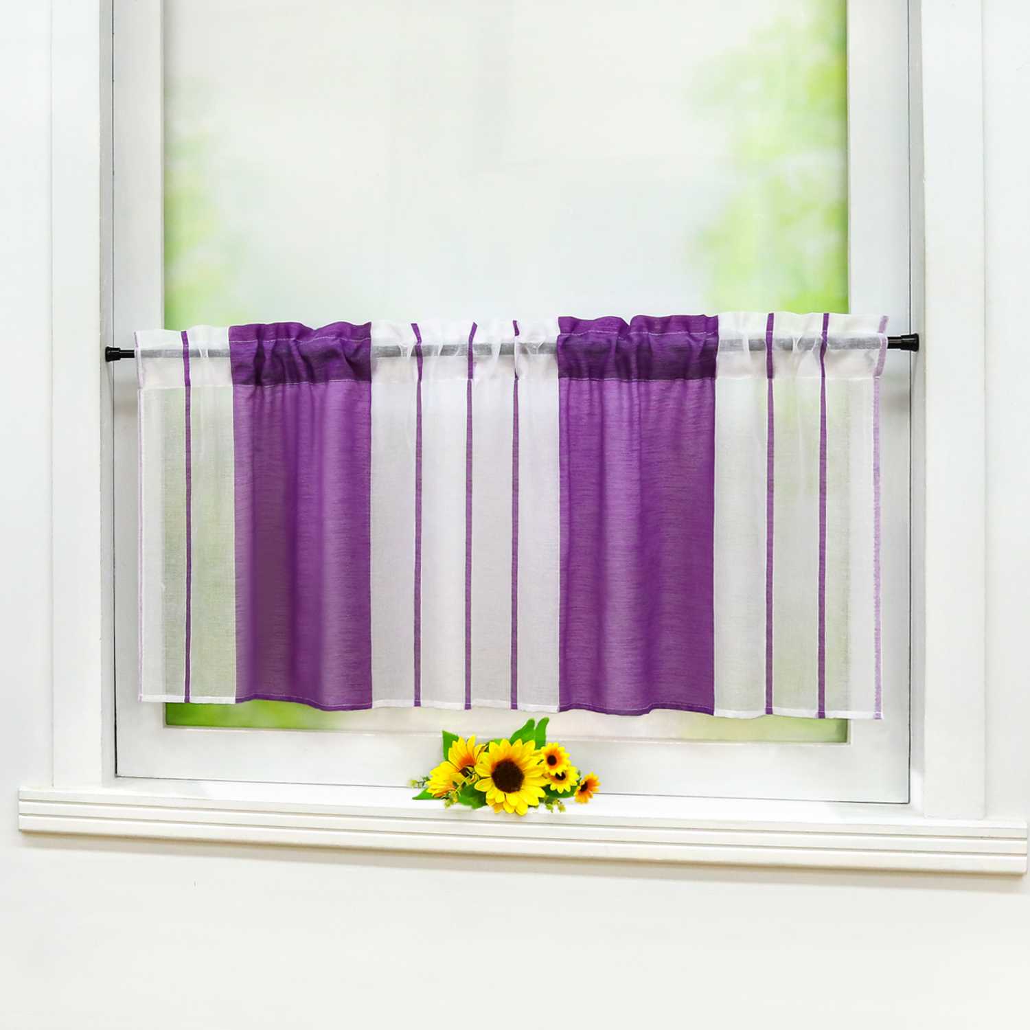 Cafe Curtain Gatherable White Stripe Pattern Semi-Sheer 1 Piece - Purple, W x H 90 x 45cm