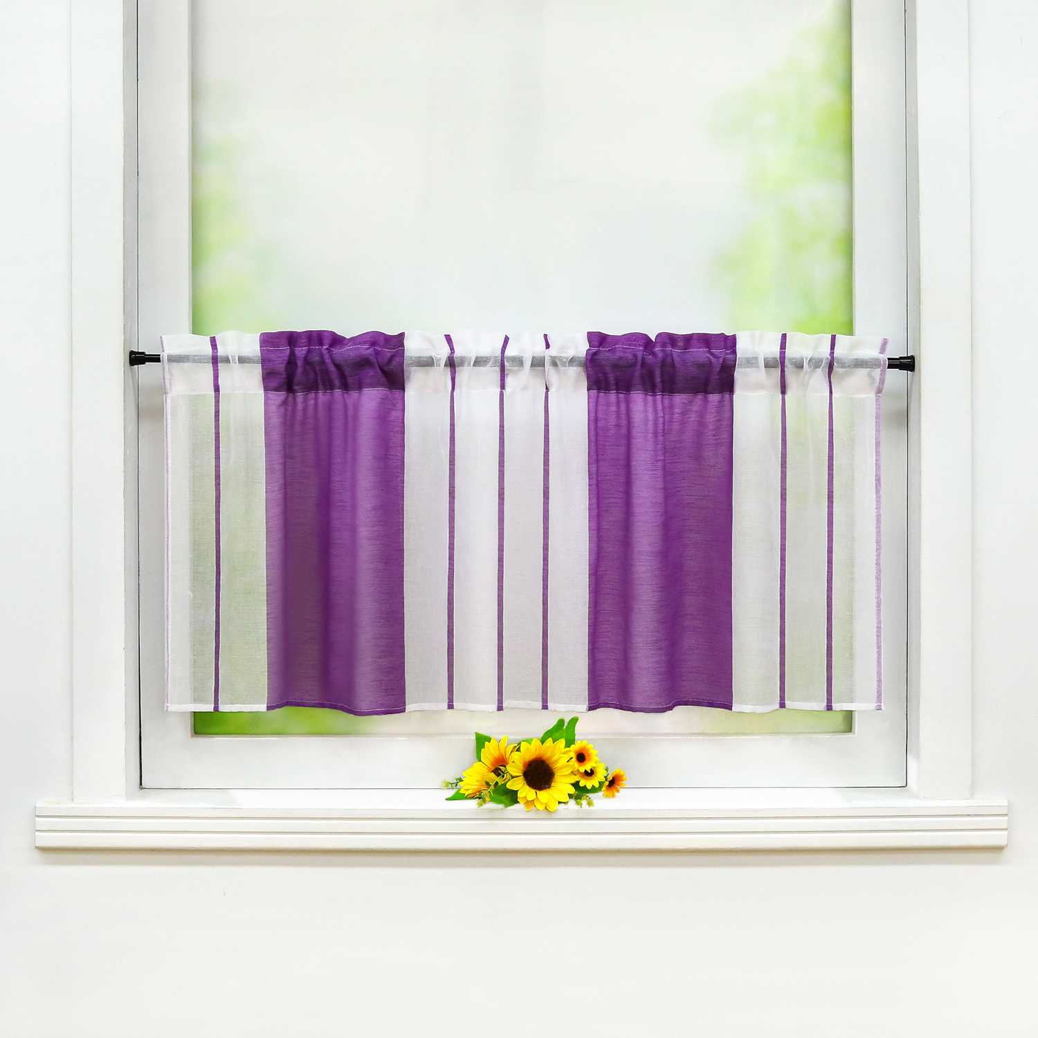 Cafe Curtain Gatherable White Stripe Pattern Semi-Sheer 1 Piece - Purple, W x H 120 x 30cm