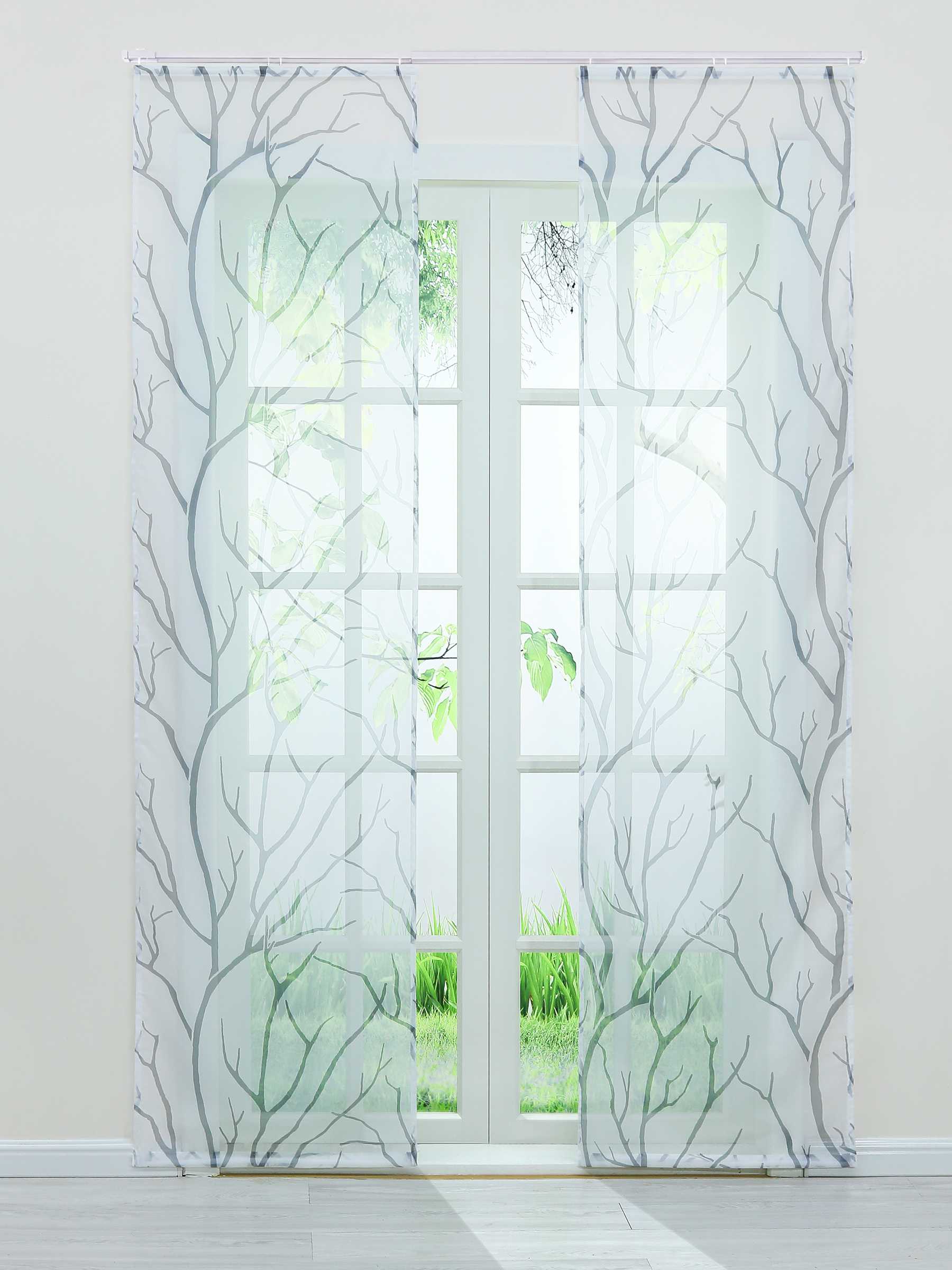 Tab-Top Curtain Panel with Branch Pattern Light-Filtering Set of 2 - White, H x W 145 x 57 cm