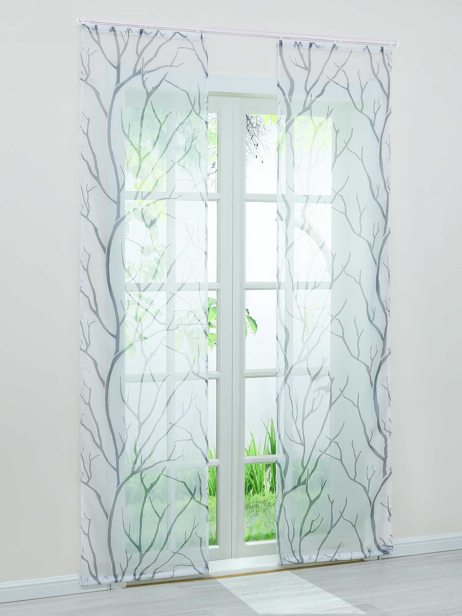 Tab-Top Curtain Panel with Branch Pattern Light-Filtering Set of 2 - White, H x W 175 x 57 cm