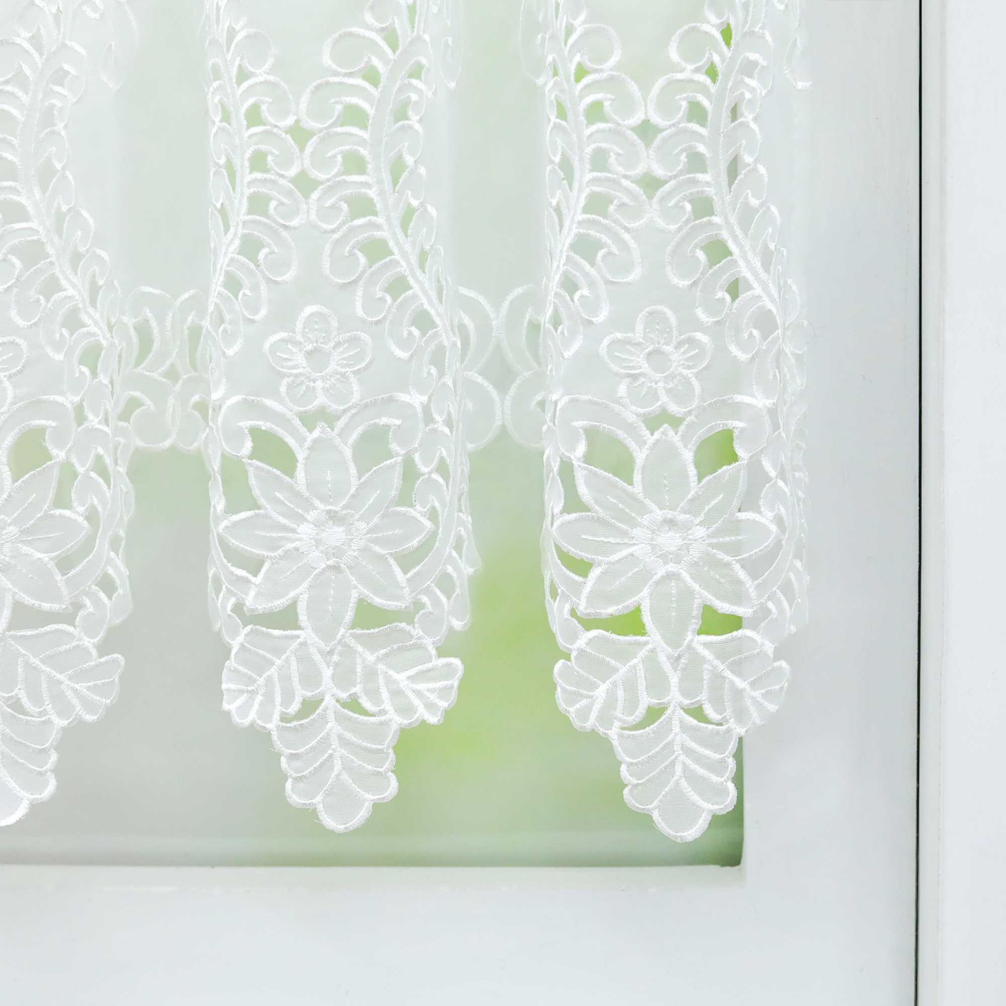 Cafe Curtain with Rod Pocket Short with Floral Pattern - White, W x H 150 x 90cm