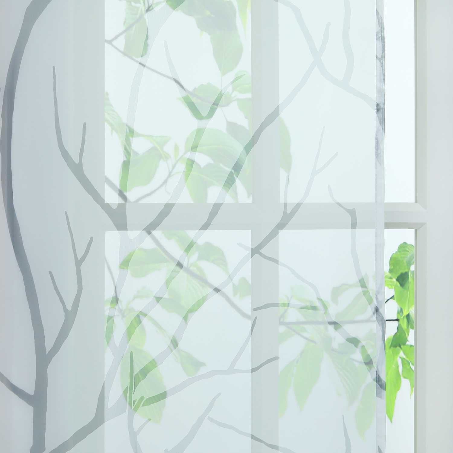 Tab-Top Curtain Panel with Branch Pattern Light-Filtering Set of 2 - White, H x W 225 x 57 cm