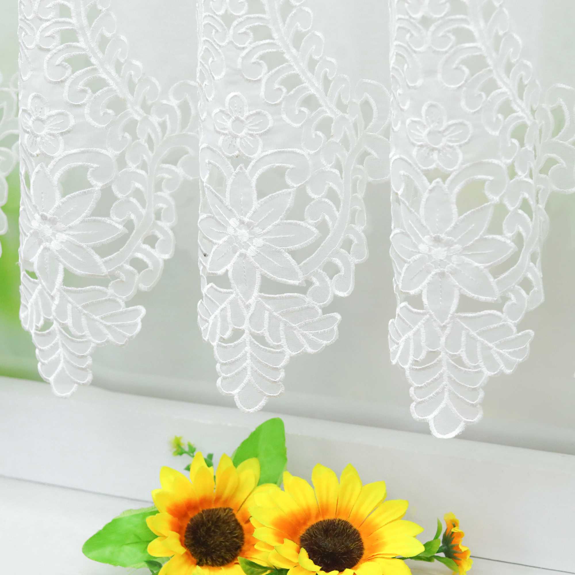 Cafe Curtain with Rod Pocket Short with Floral Pattern - White, W x H 150 x 150cm