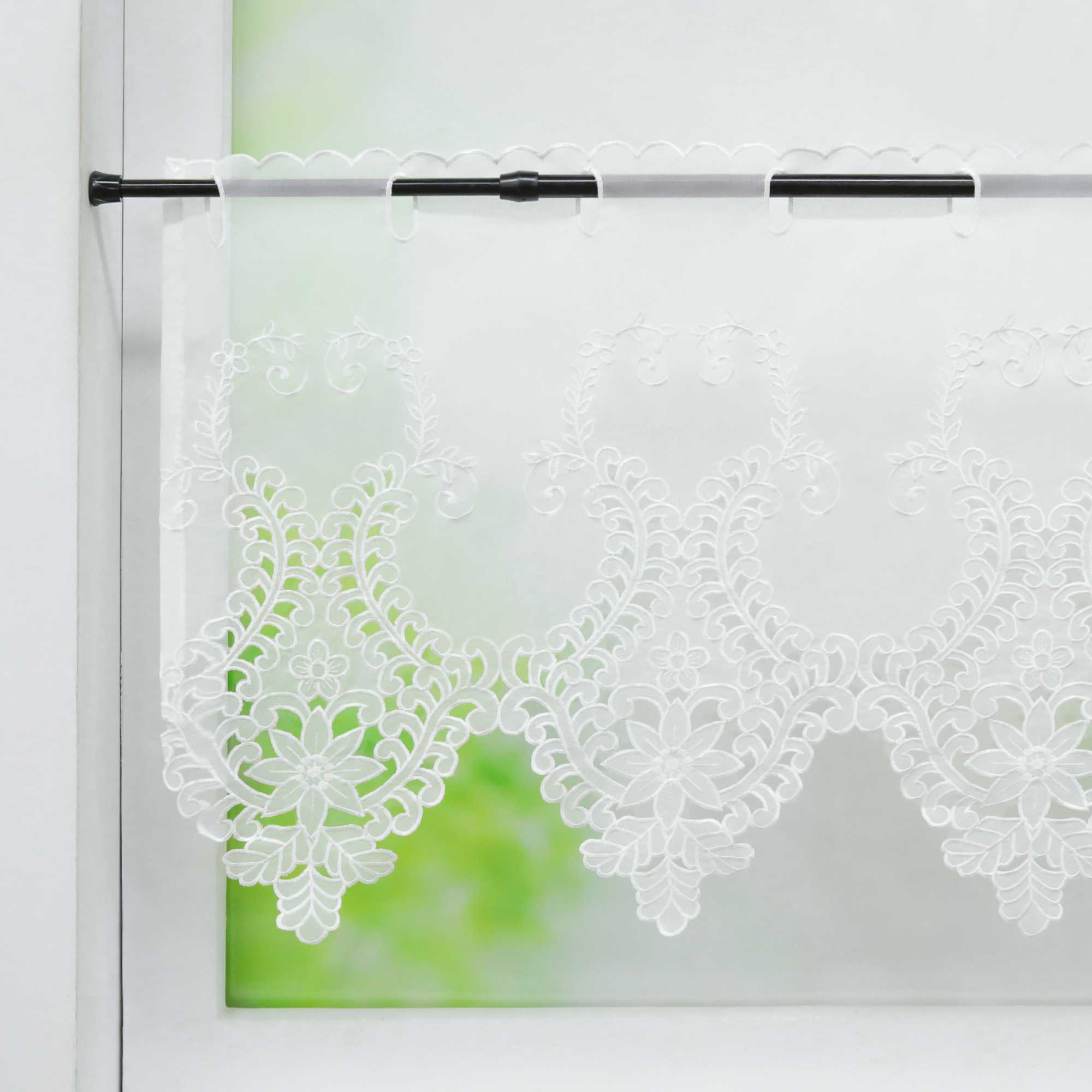 Cafe Curtain with Rod Pocket Short with Floral Pattern - White, W x H 150 x 60cm