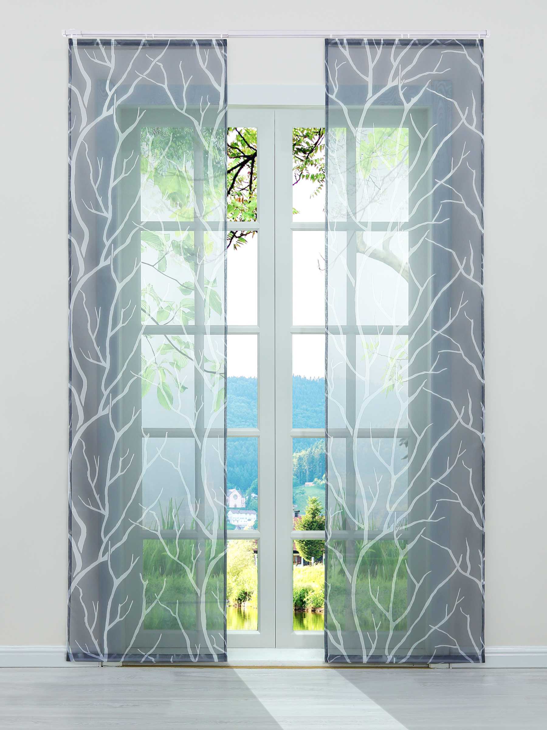 Tab-Top Curtain Panel with Branch Pattern Light-Filtering Set of 2 - Gray, H x W 245 x 57 cm