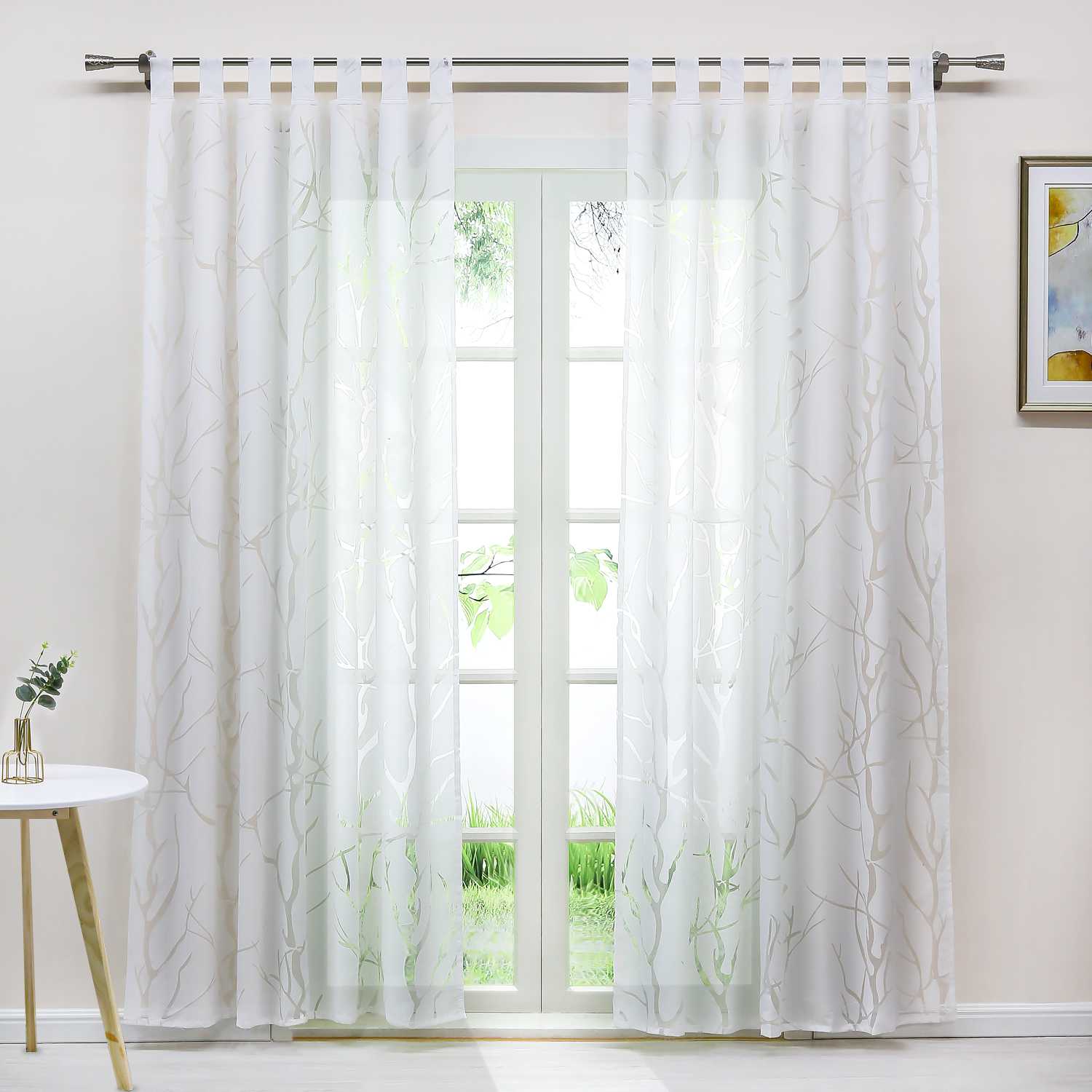Curtain with Branch Pattern Light-Filtering Garden Style 1 Piece - White, Tab-Top Panel